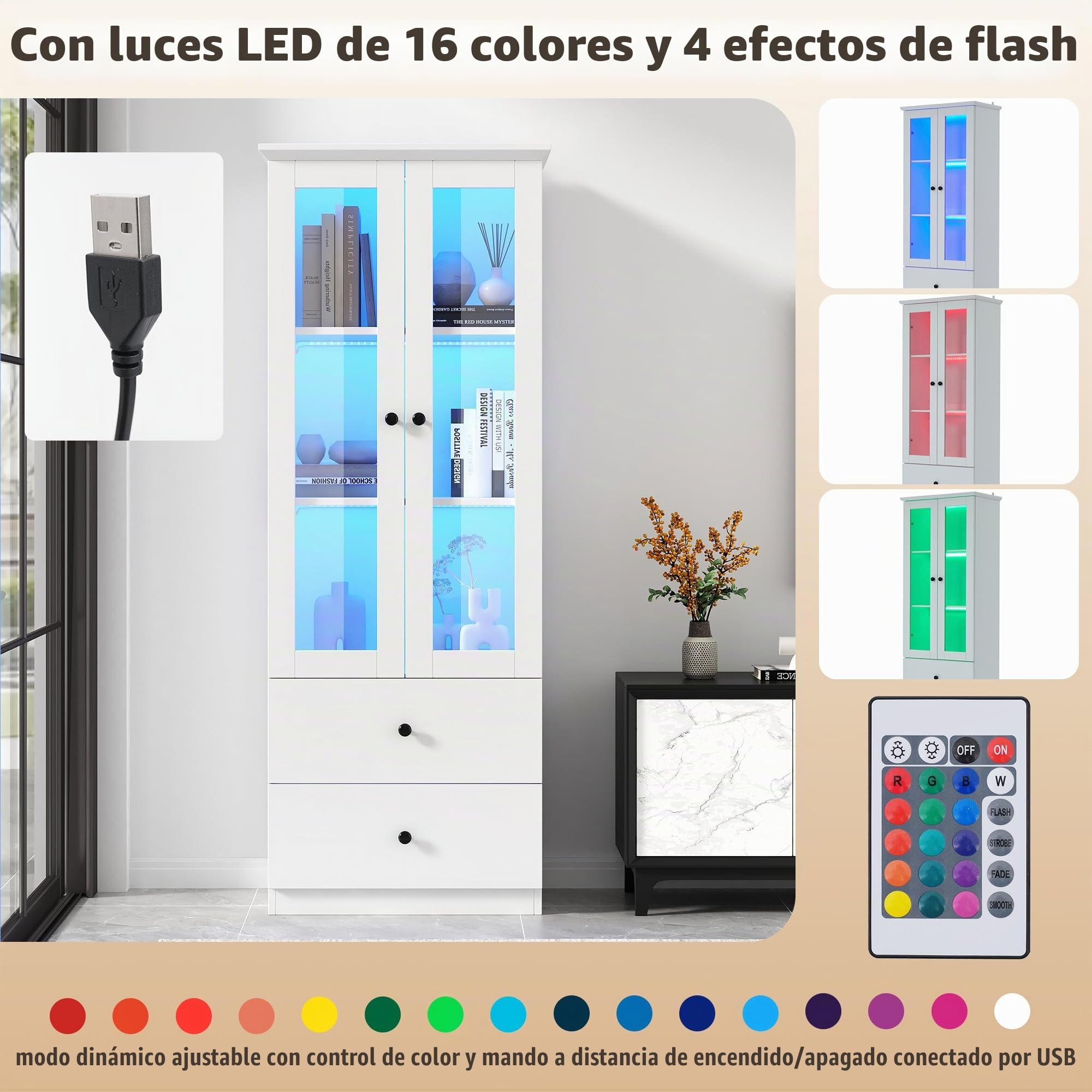Merax Vitrina con luces LED, vitrina de cristal con cajones y estantes ajustables, moderna vitrina para libros, vitrina de colección, armario alto para cocina, salón, dormitorio, oficina, color blanco