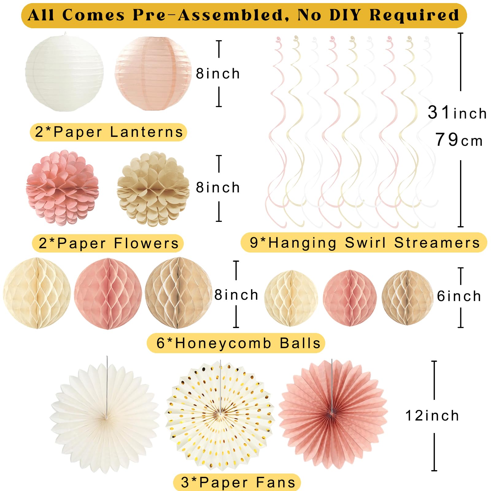 Boho Baby Shower Decorations for Girl, Pre-Strung Welcome Baby Banner with Honeycomb Balls, Paper Flowers, Lanterns, Fans, Hanging Swirls, Circle Dots Garland for Girl Baby Shower Decorations 24pcs