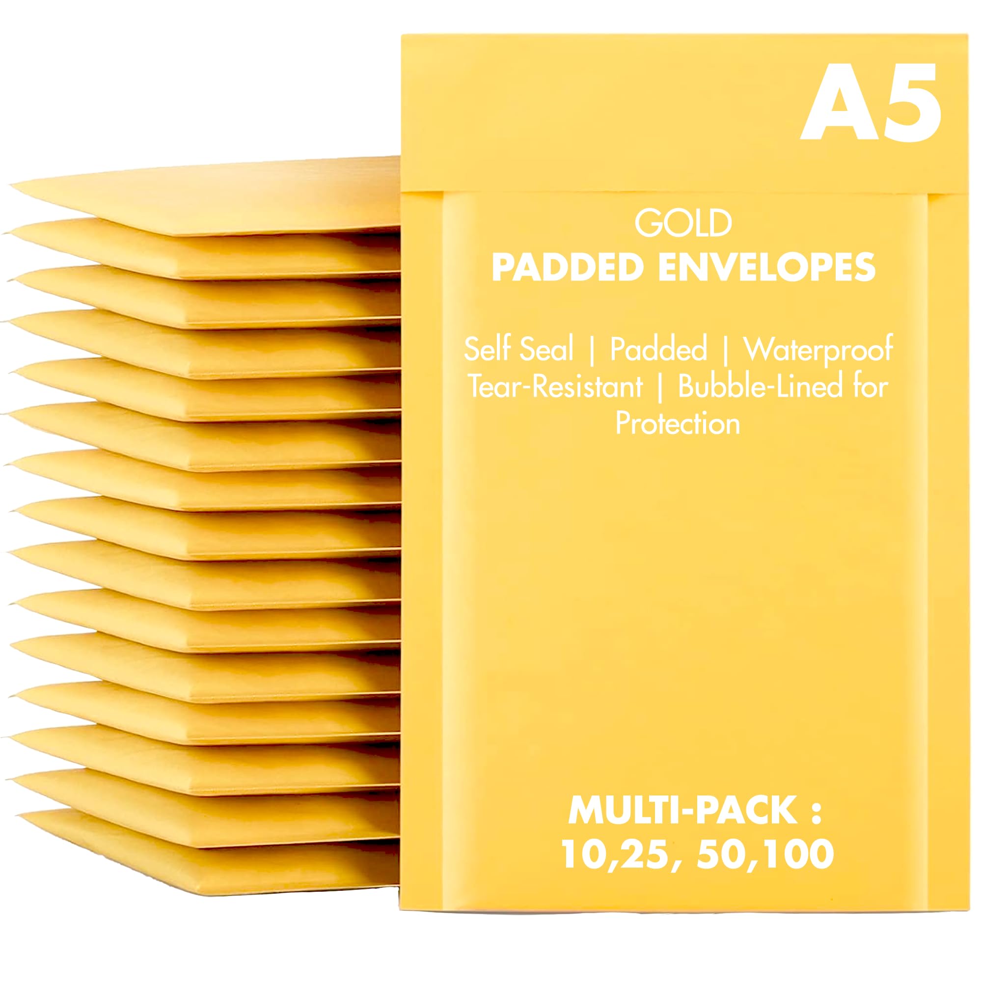 MEOWN Gold A5 Bubble Mailers – 50 Pack | Padded Self-Seal Envelopes for Secure Shipping – Waterproof, Tear-Resistant, Lightweight Protective Mailers for Small Business, E-Commerce, Packaging, Mailing