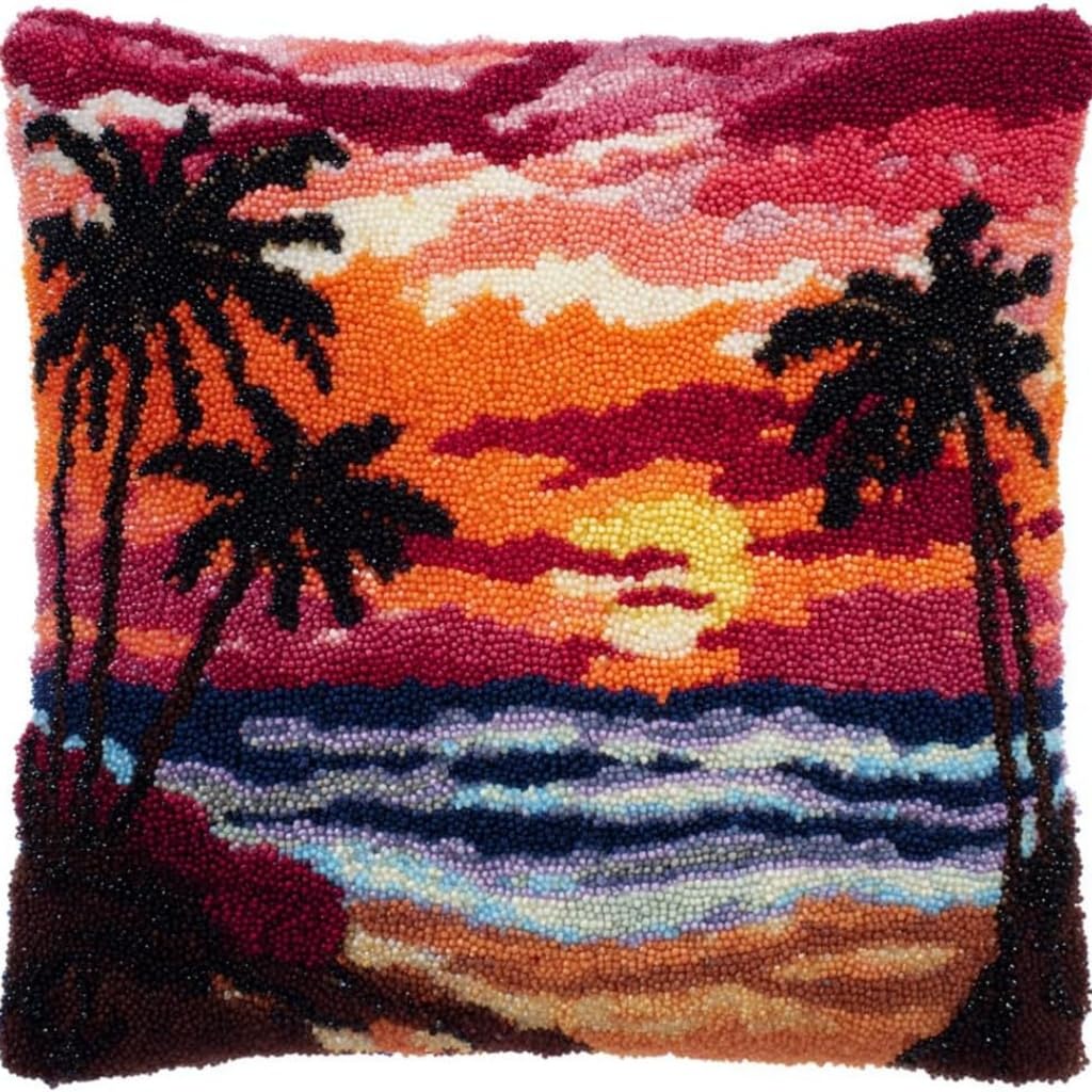 ZUHK 3D Latch Hook Kits for Adults,17x17 in Pattern Printed Throw Pillow Case fit for Home Sofa Decoration (Sunset Beach)