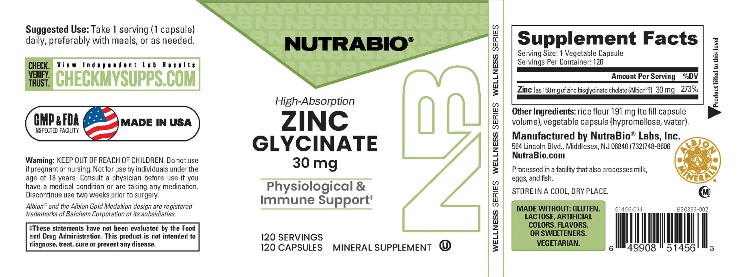 NutraBio Zinc Glycinate Supplement - for Proper Growth, Development, and Immune Health - 30mg of Zinc per Vegetarian Capsules - 120 Servings — Amazon image 7