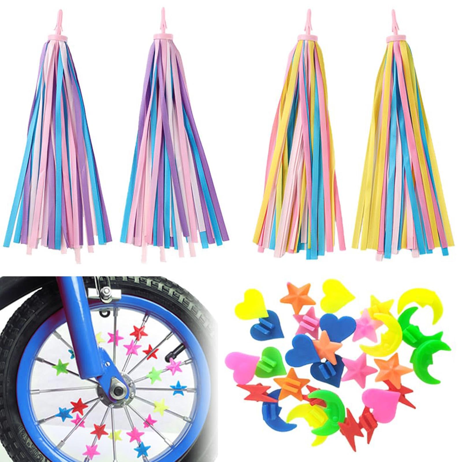 YUBBYS - 2 paia di nappe per bici e 36 perline per raggi, accessori per manubrio di scooter e tricicli, nastri colorati per decorazioni per bici + perline per raggi