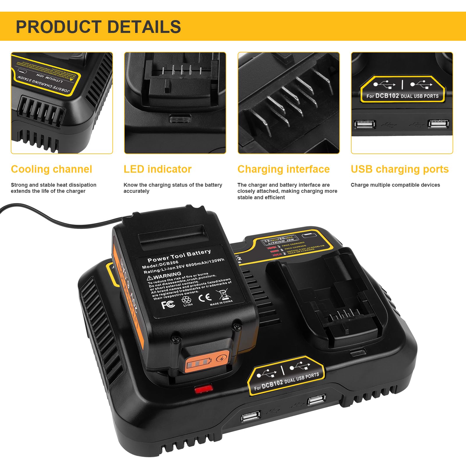 ASUNCELL 2 porte 3,0 A, caricabatterie rapido per Dewalt DCB115 18 V XR, 12 V-20 V MAX agli ioni di litio con 2 porte USB da 2,1 A per batteria Dewalt da 18 V DCB, caricatore di ricambio per serie DCB