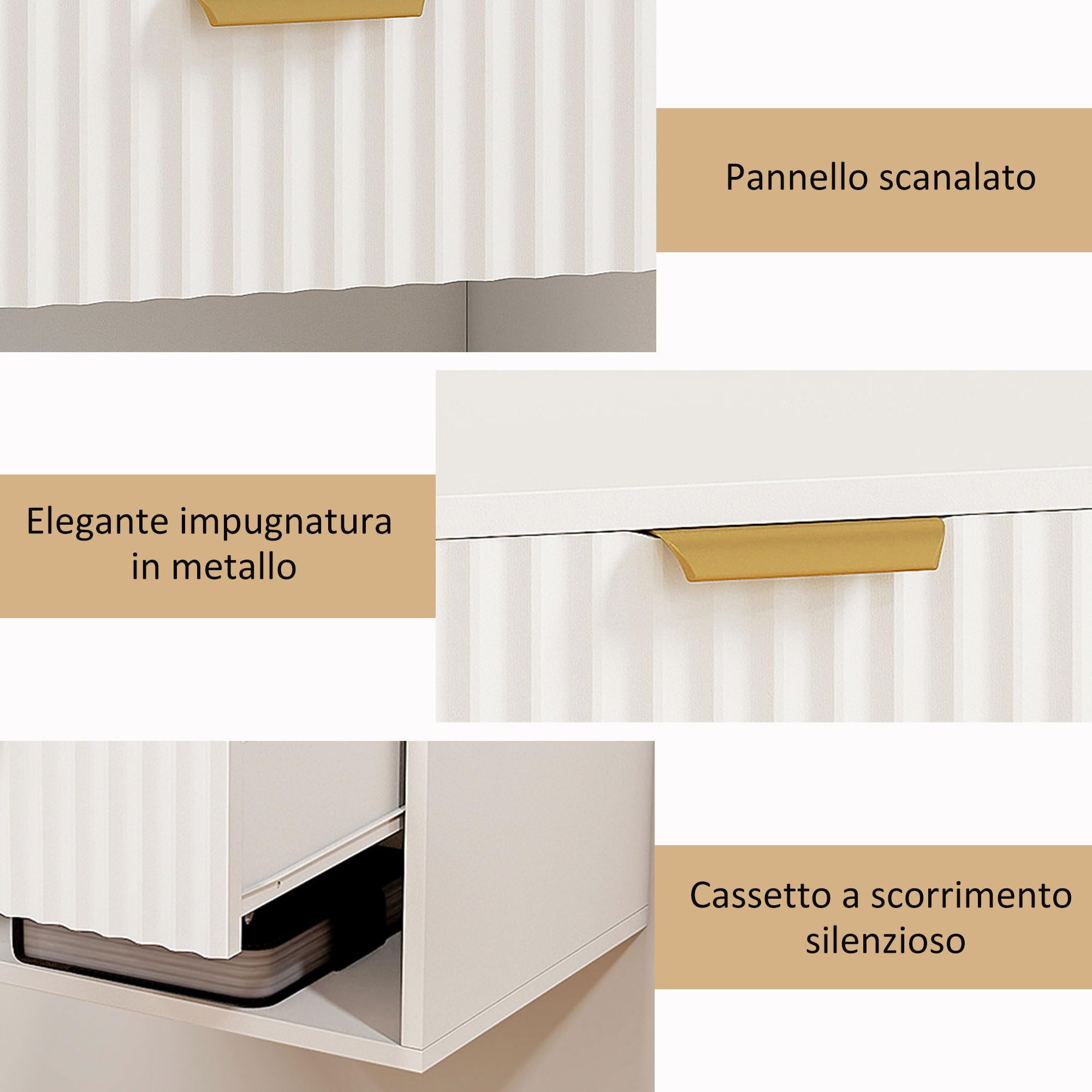 HOMCOM Set di 2 Comodini Camera da Letto Sospesi, 40x34x29 cm Bianco | Pannelli Scanalati, Coppia di Comodini Moderni, Cassetto e Ripiano