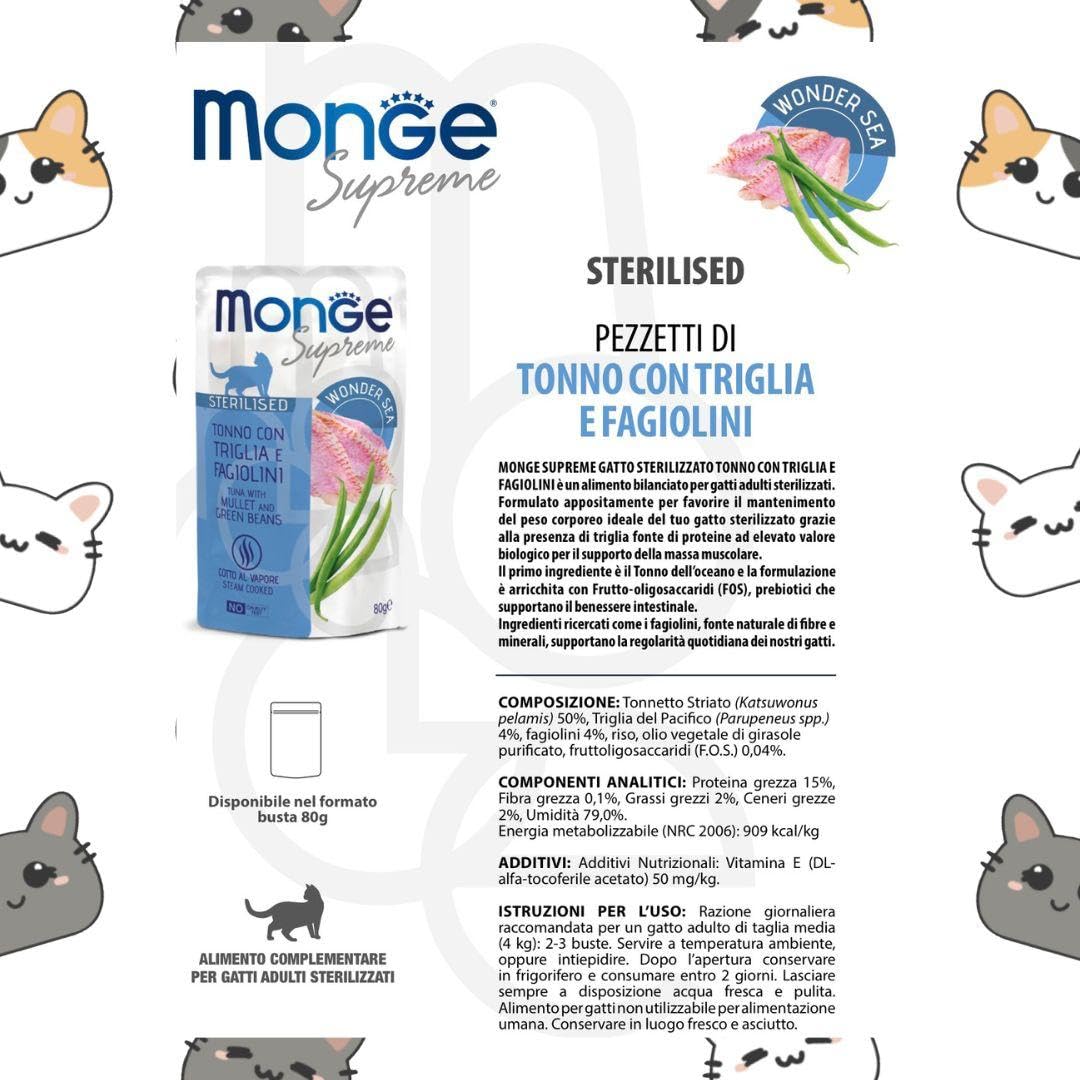 Monge Natural - Bolsitas para gato, alimento completo para gatos adultos y esterilizados, Monge húmedo gato sabor atún con trampa y frijolinos, húmedo para gatos | 12 sobres de 80 gramos cada una.