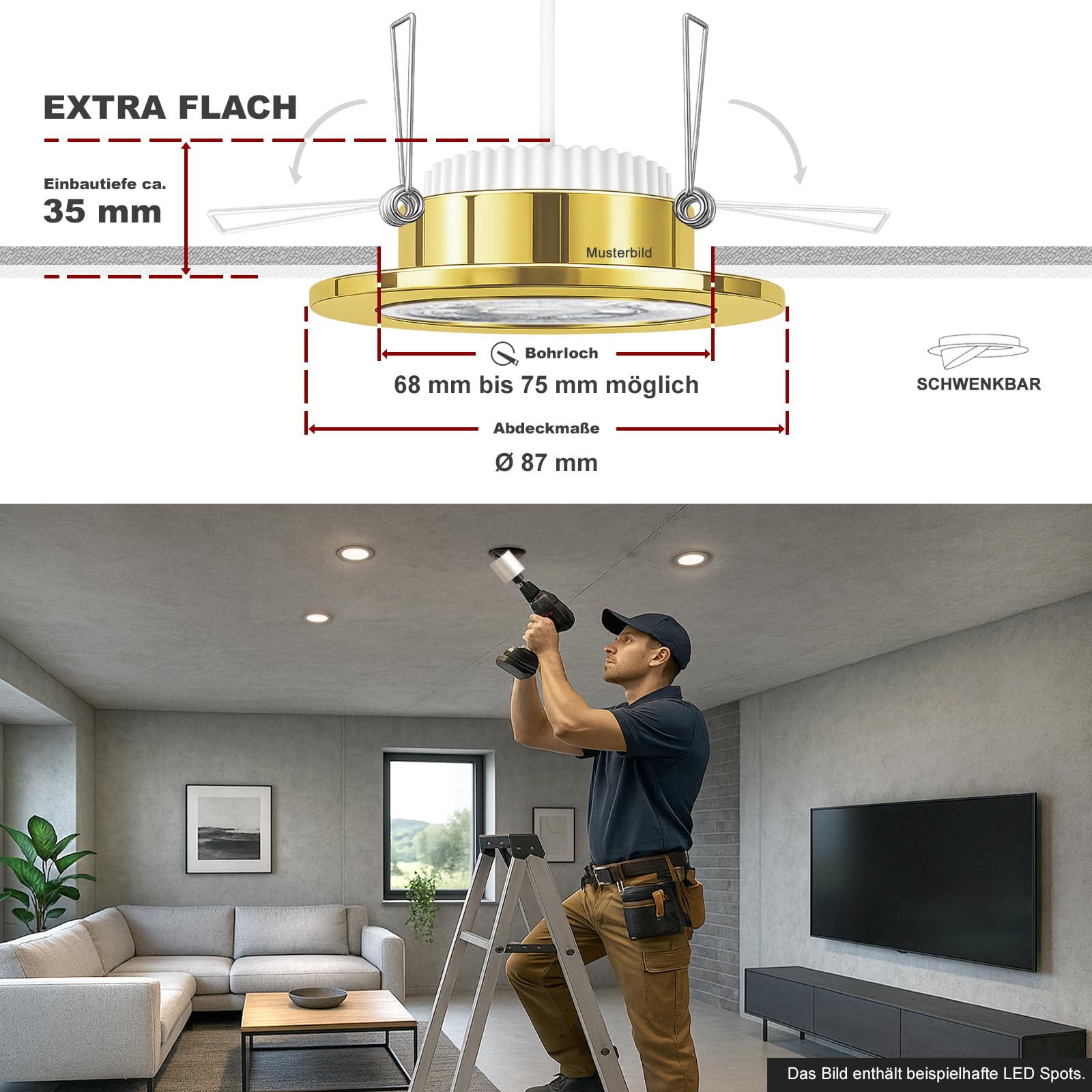 trendlights24 Decora LED Einbaustrahler flach dimmbar Gold 230V 5W 5er Set | extra flach, ET 35 mm, LED Spot, 400lm, Kaltweiß, 6500K, austauschbar, Deckenspots, Decken Einbauleuchte, rund, schwenkbar