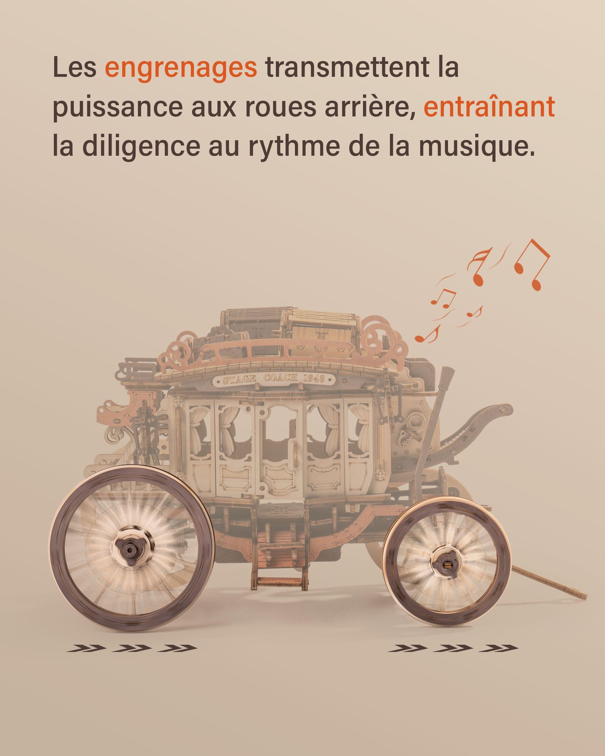 ROBOTIME Puzzle 3D en Bois, Boîte à Musique, Maquette Adulte a Construire, Modelisme Kit Construction Mécanique, Cadeaux pour Adolescents, Découpe au Laser - Diligence