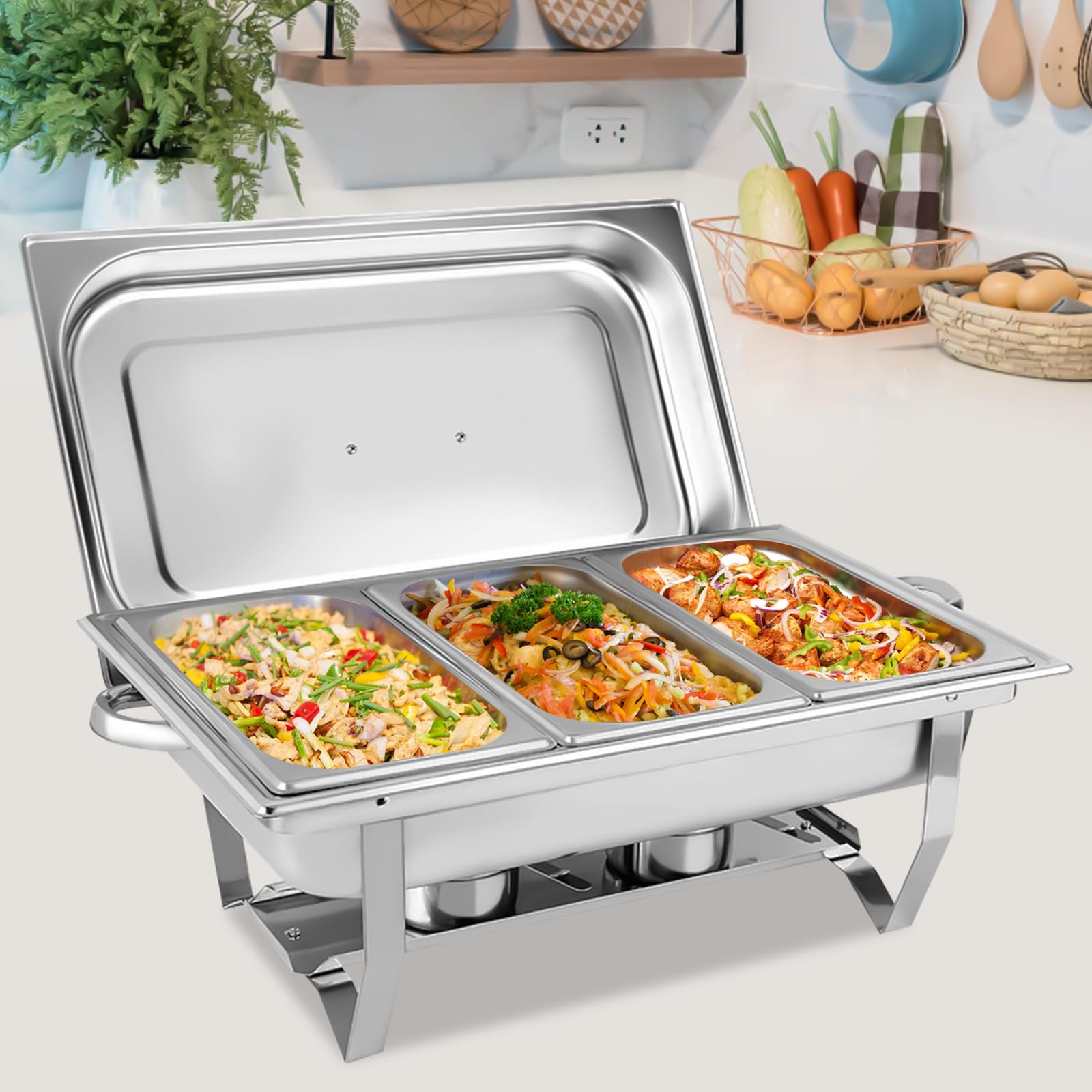 Set scaldavivande da 9 l, in acciaio inox, rettangolare, con telaio pieghevole e supporti per carburante, per feste, buffet, catering, banchetti, eventi