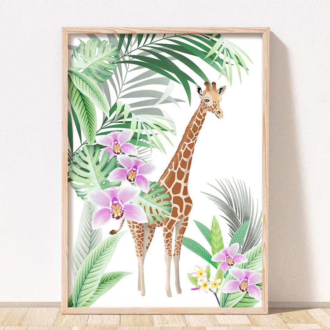 Rubybloom Designs Leopard Giraffe Zebra & Tiger Safari Jungle Animal - UNFRAMED - Tropical Plant Illustration Wall Art Decor