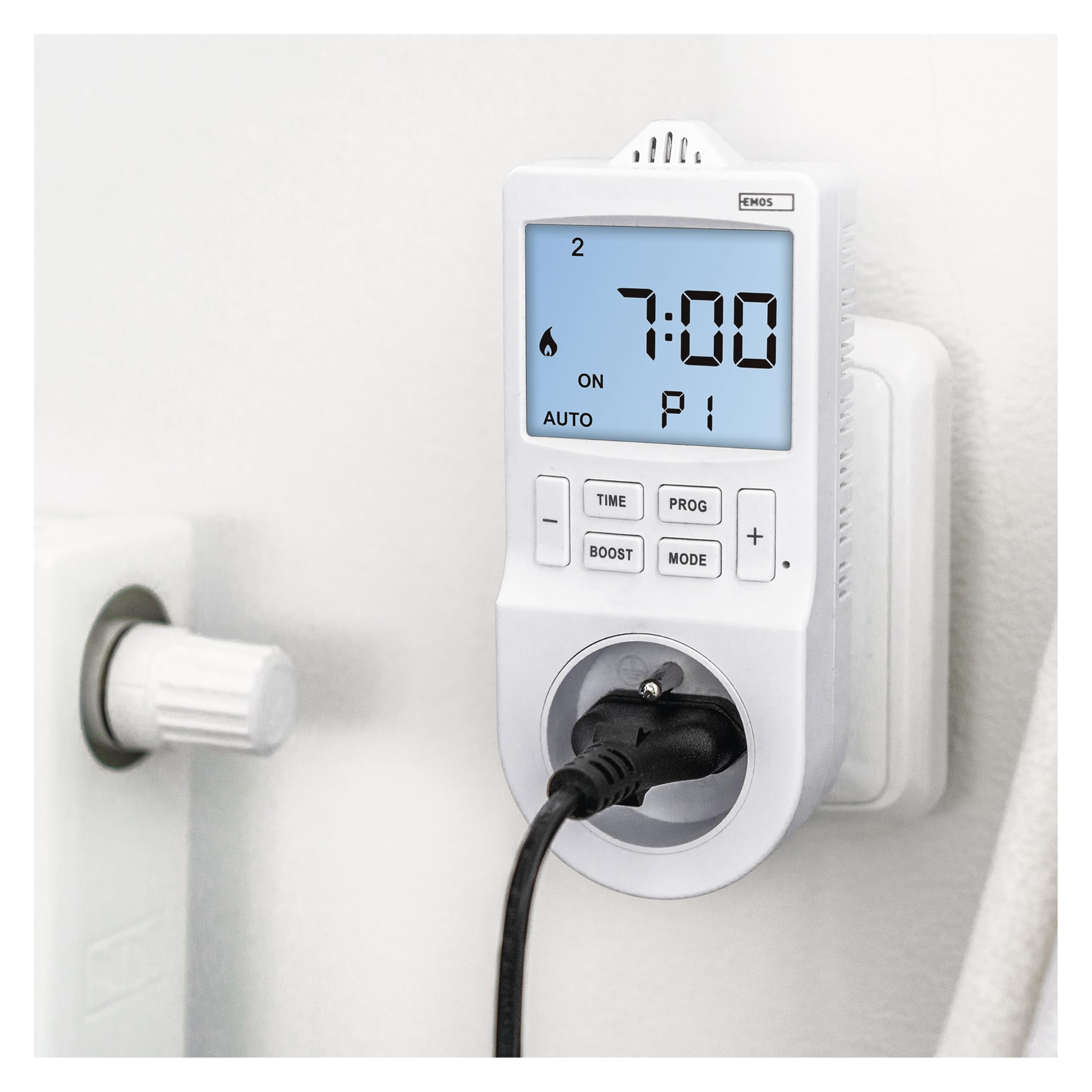 EMOS 2en1 Thermostat de prise et minuterie, régulateur de température ambiante numérique et prise de courant minuterie pour chauffage et refroidissement, radiateur, chauffage infrarouge, aquarium