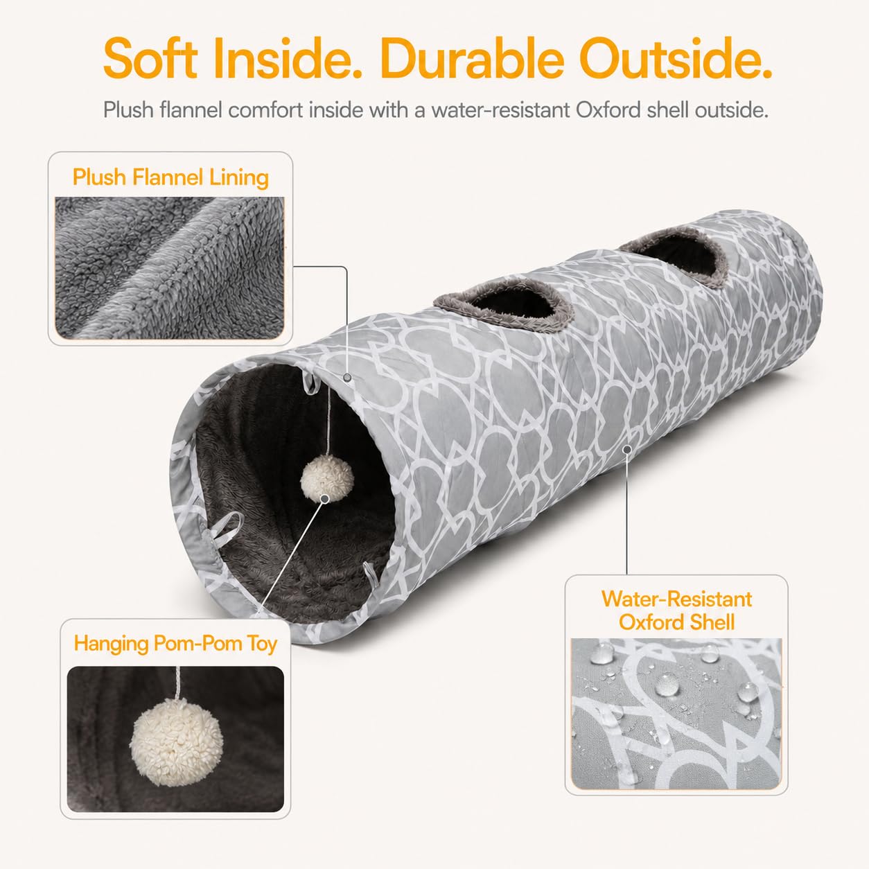 Túnel geométrico recto para gatos con interior de felpa, juguetes para gatos, tubo plegable con bolas, para conejos, gatitos, hurones, cachorros, diámetro de 9.8 pulgadas