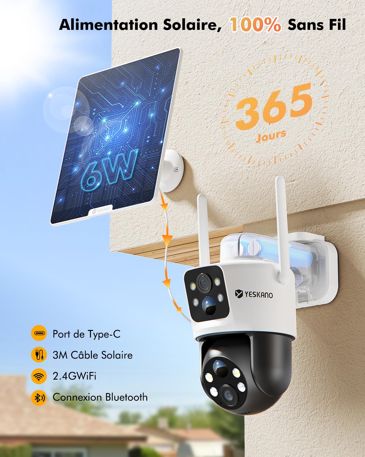 YESKANO 6MP Camera Surveillance WiFi Exterieure sans Fil Batterie | Panneau Solaire, 360° PTZ Camera Solaire Exterieur, 2.4GHz Double Objectif, Vision Nocturne Couleur, Audio Bidirectionnel