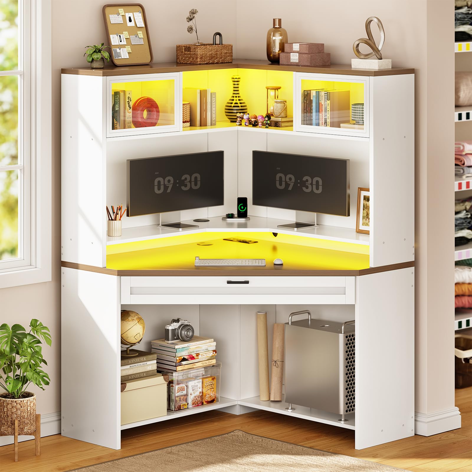 SEDETA 31.5" Corner Desk with Drawers, Small Office Computer Desk with Storage Shelves & Hutch for Small Space, Gaming Desk with LED Lights & Power Strip for Home Office, White + Brown