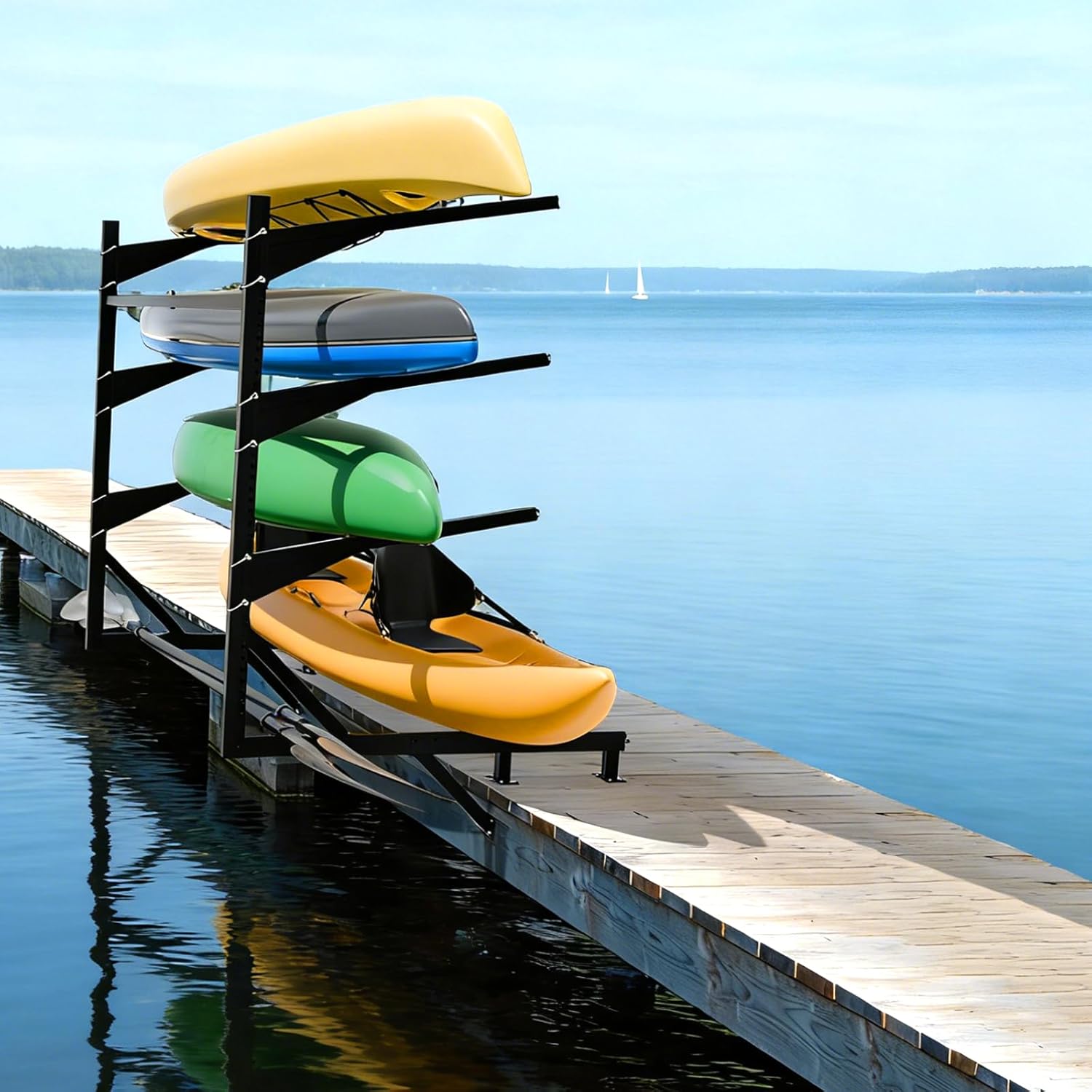 Heavy-Duty Kayak Dock Storage Rack, 4-Tier Over-The-Water Mount Kayak Stand for Dock & Pier, Rust-Proof, Holds 4 Kayaks Up to 400 LBS, Space-Saving Waterside Storage