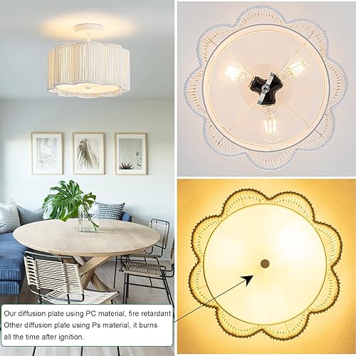 Miniatura 6 de Lámpara de Techo de 3 Luces Tejida de Flor de Ciruelo Nevado - Accesorio de Dormitorio de Ratán Tejido a Mano Boho, Montaje al Ras de Fibra Natural