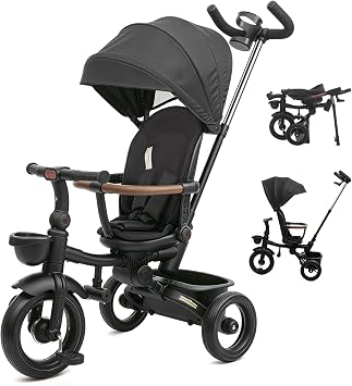 XJD 7in1 Tricycle Stroller, with Push Handle, Rotating Seat, UVProof Canopy, Memory Cotton Cushion, NonPneumatic Wheels, Headlights, Dual Brakes and Storage, Gift for Toddler 15 Years OldBlack