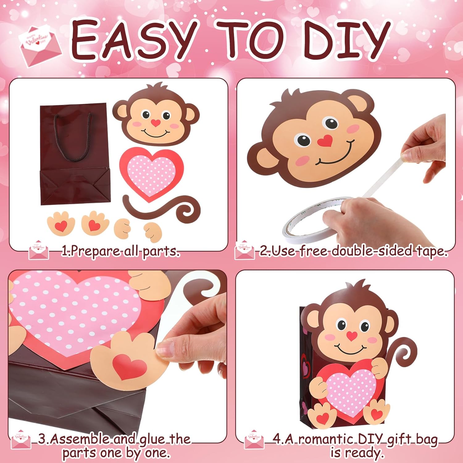 Resholder 18 Pcs DIY Funny Valentines Bags Crafts Kit for People Cute Candy Box with Handle Gift Paper Bag DIY Valentine Crafts for Exchange Party Favors Gift Wrapping Activities Bulk(Brown,Monkey)