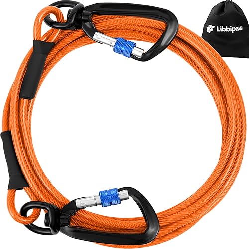 Miniatura 8 de Cable de amarre para perros de 25 pies resistente a prueba de masticación, sin enredos, con giro de 360° y clip de bloqueo para perros grandes de