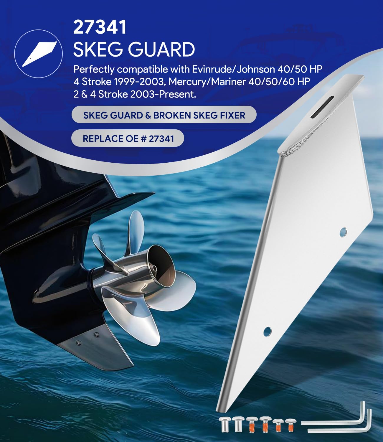 sixcow 27341 Skeg Guard Kielschutz für Mercury Mariner 40/50/60HP 2 & 4 Takt 2003-heute & Evinrude Johnson 40-50 PS 4-Takt 1999-2003, SkegGuard KeelGuar