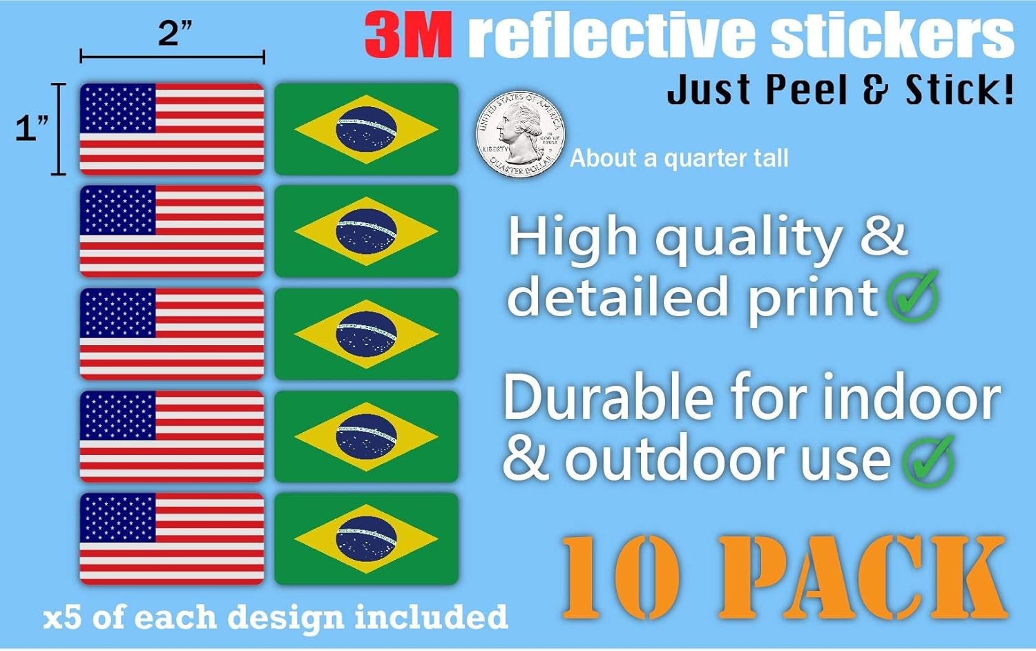 (x10) 3M Reflective Brazil and US Flag Stickers | Versatile Safety Decals | Hard hats, laptops, bikes, toolboxes