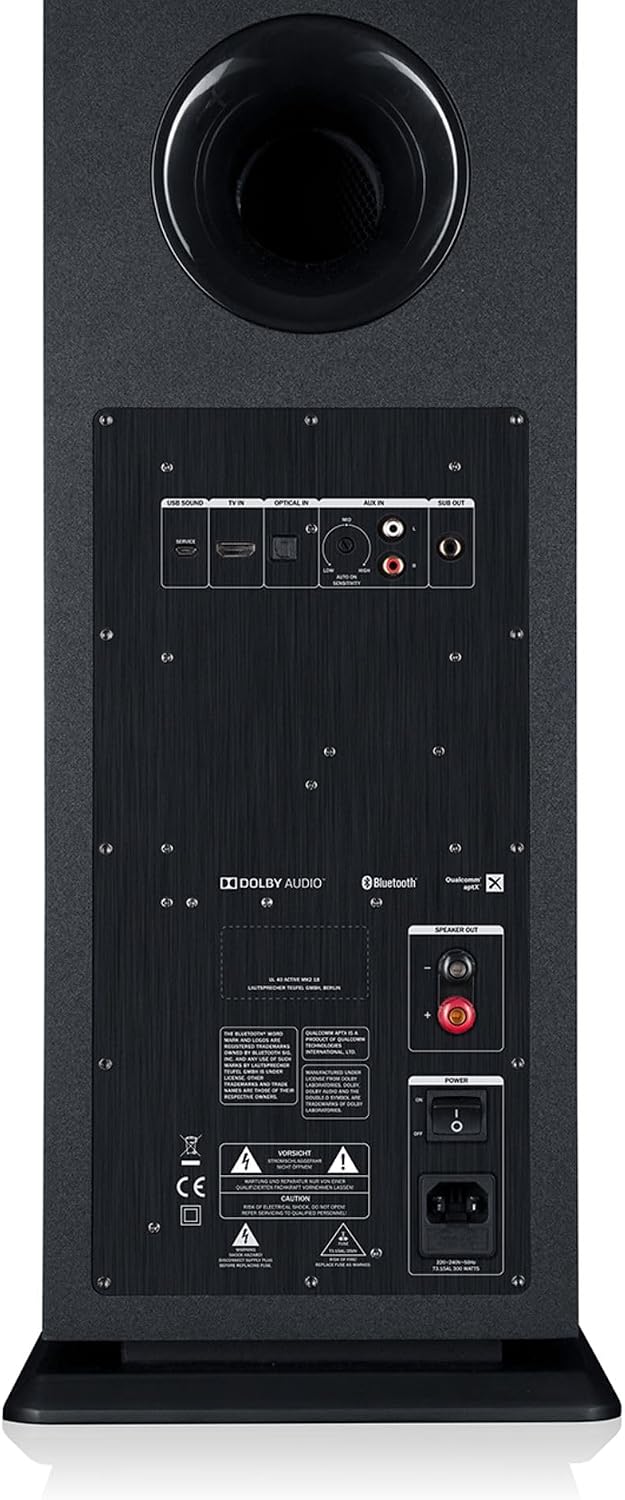 Rear panel of the active Teufel Ultima 40 speaker showing various input ports including HDMI, optical, USB, and analog audio inputs.