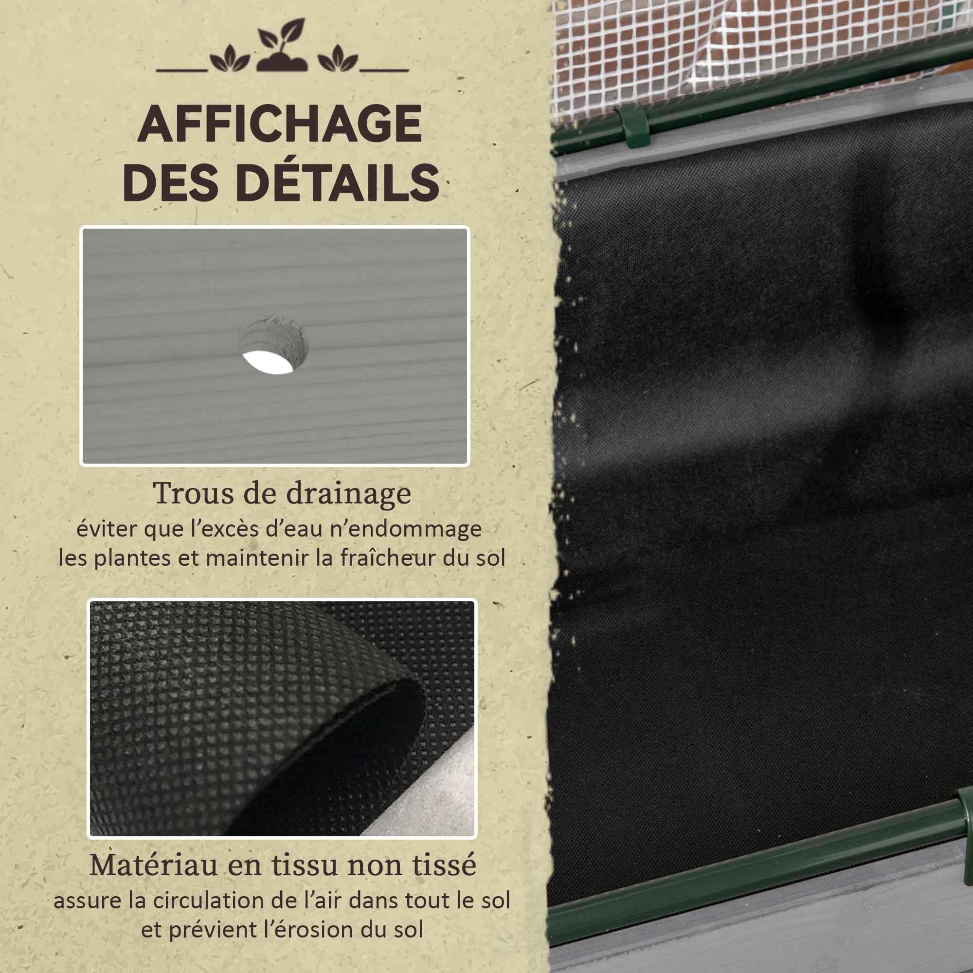 Outsunny Potager sur Pieds surélevé avec bâche en PE Jardinière surélevée Potager avec Serre Volume 104 L avec Trous de Drainage, Tissu Non tissé, pour Plantes Fleurs Légumes, 121x55x117cm Gris foncé