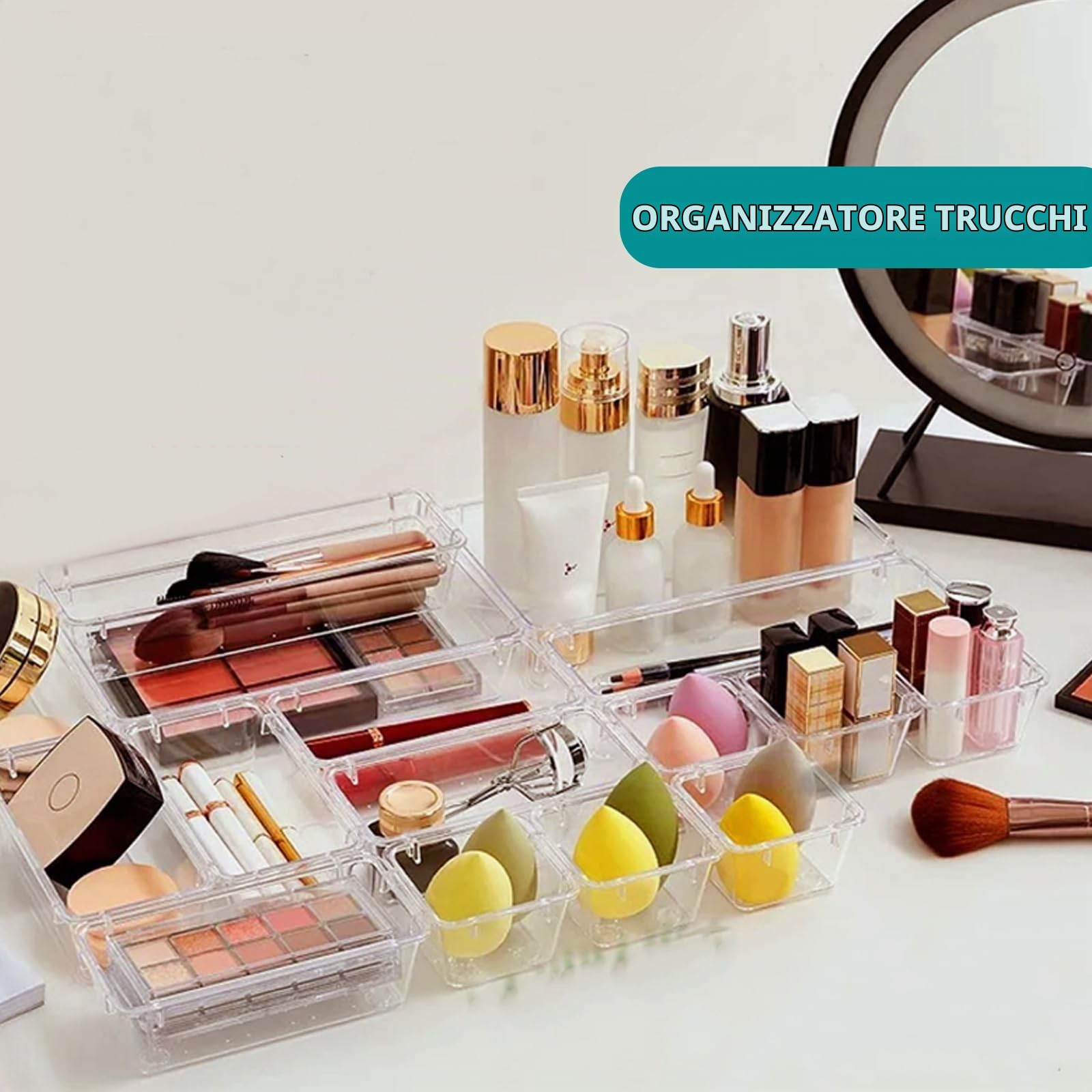 Organizzatore per cassetti da 36 pezzi con 4 misure, organizzatore per trucco, organizzatore per make-up, plastica trasparente, organizzatore per cassetti per scrivania, ufficio, cucina