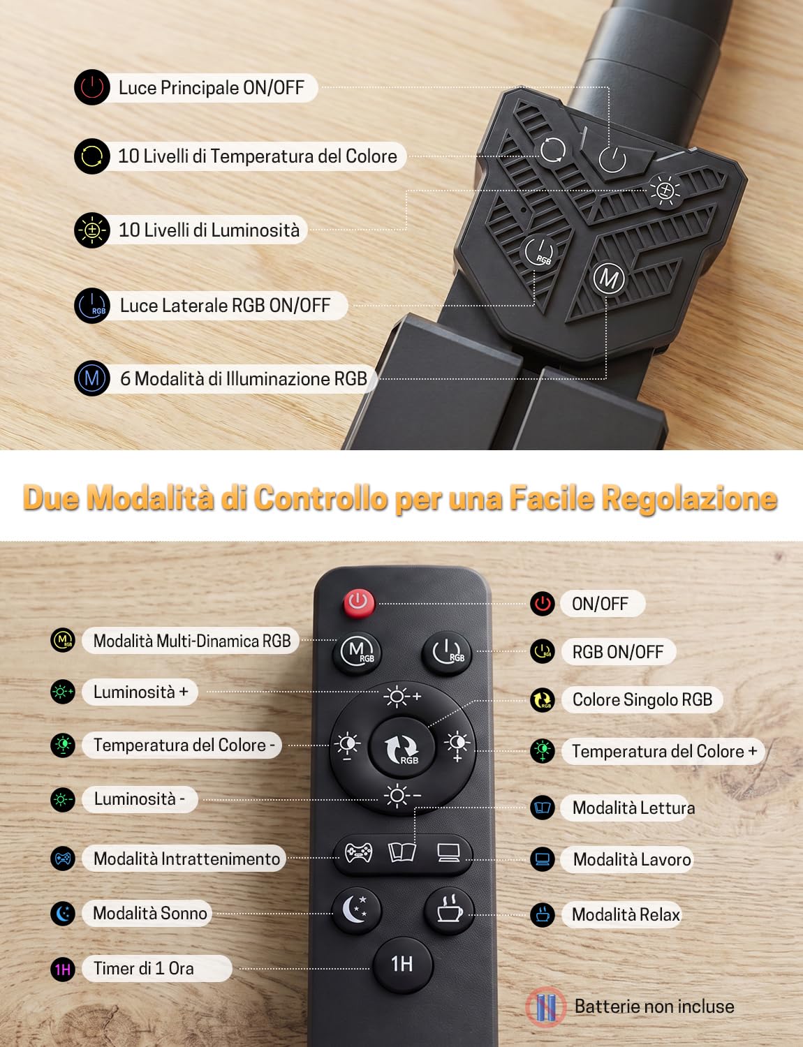 Lampada da Scrivania RGB 22W 1800LM Dimmerabile con Base Metallica