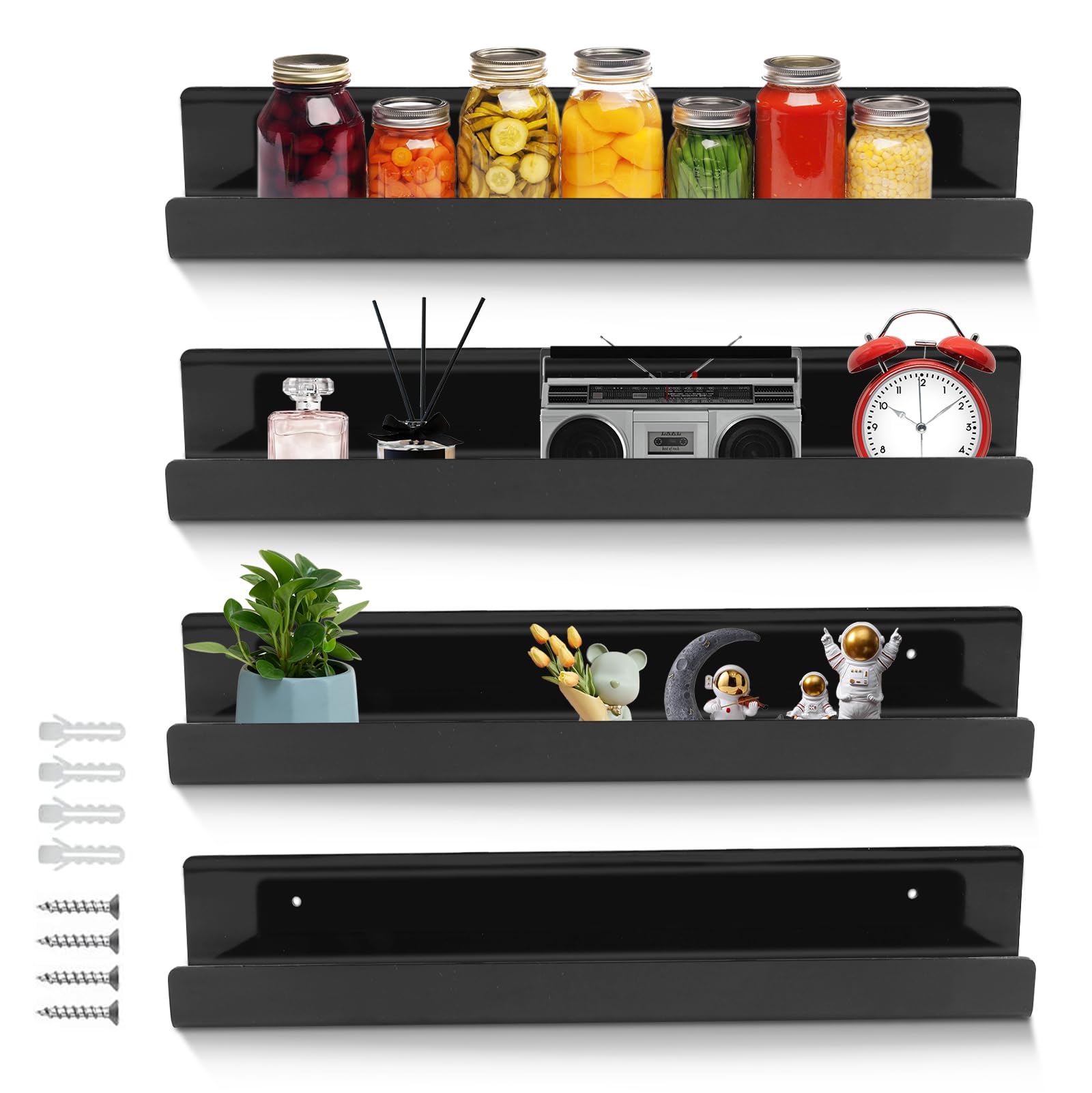 WIYETY 4 Estanterías de Pared Negras Estante Colgador, Estantes Flotantes con Tornillos, Estantería Flotante para Almacenaje, Salón, Baño, Cocina, Oficina, Plástico (38 x 10 x 5 cm)