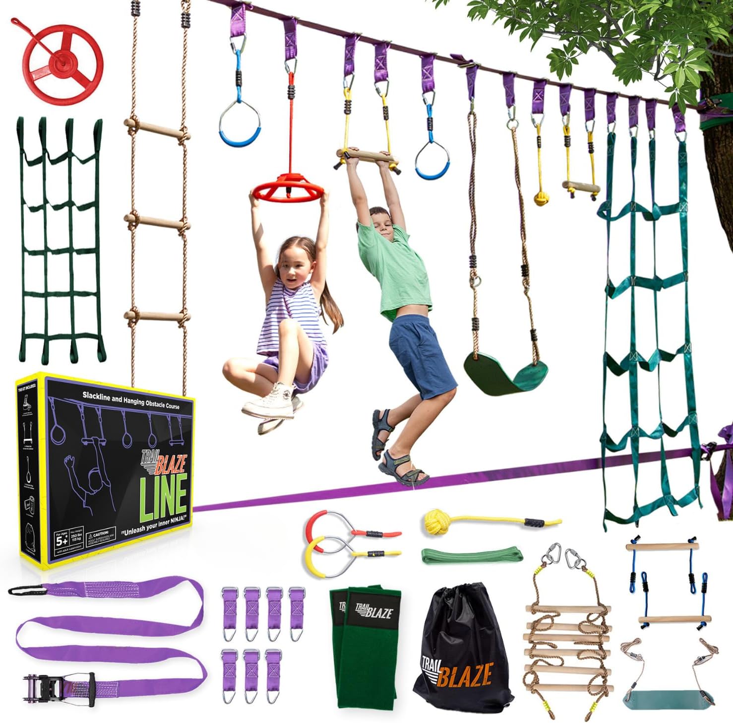 Trailblaze Ninja Warrior Obstacle Course for Kids - Ultimate Outdoor Fun 2x55 Ft Ninja Slackline Climbing Net Rope Ladder Trapeze Swing Monkey Bars -