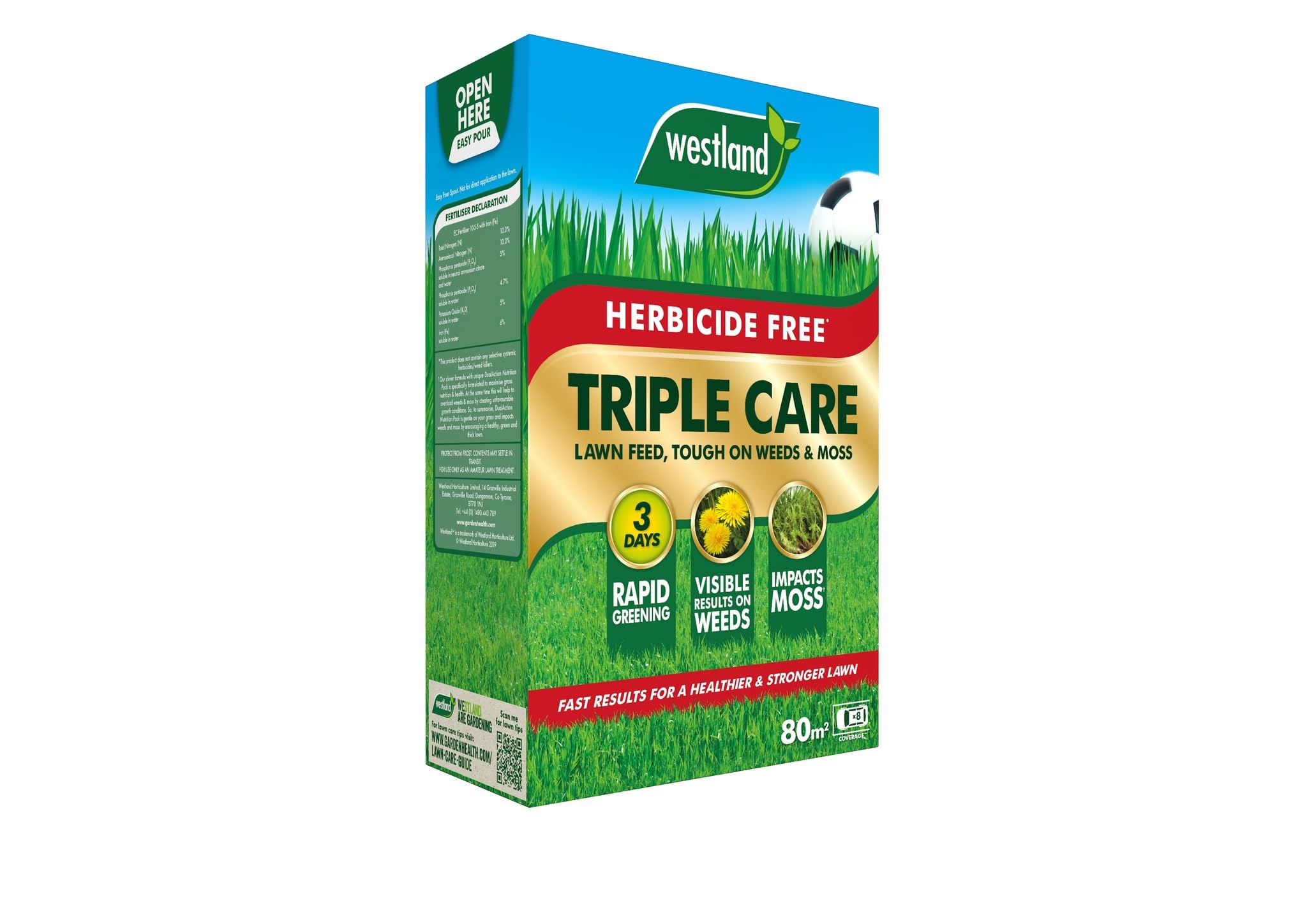 2.56kg Triple Care lawn Feed 80m, Lawn Feed,Weed & Moss Killer, Greens Lawns, Kills Moss, Kills Weeds, Thickens Lawns, Creates A Stronger Lawn