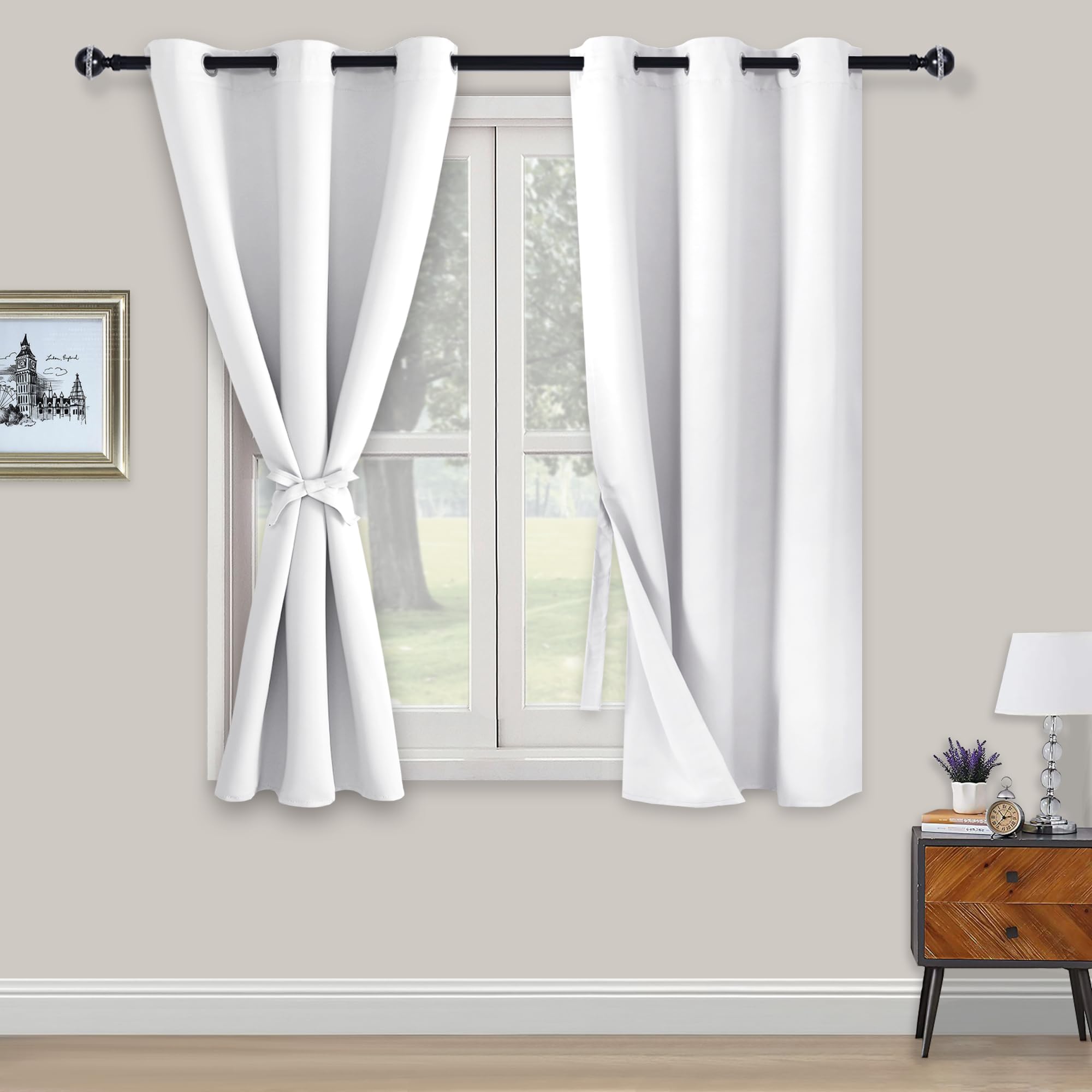 XWZO Blackout Curtains Shades Window Curtain Panels with Tiebacks- Noise Reduction and Thermal Insulated Eyelet Curtains for Bedroom,Living Room,Office,Study Room Greyish White W46xL54