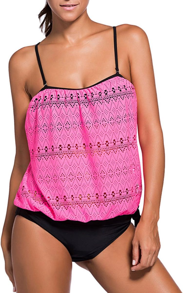 Fover Women's Two Piece Swimsuit Padded Blouson Tankini Set with Triangle Brief Hot Pink