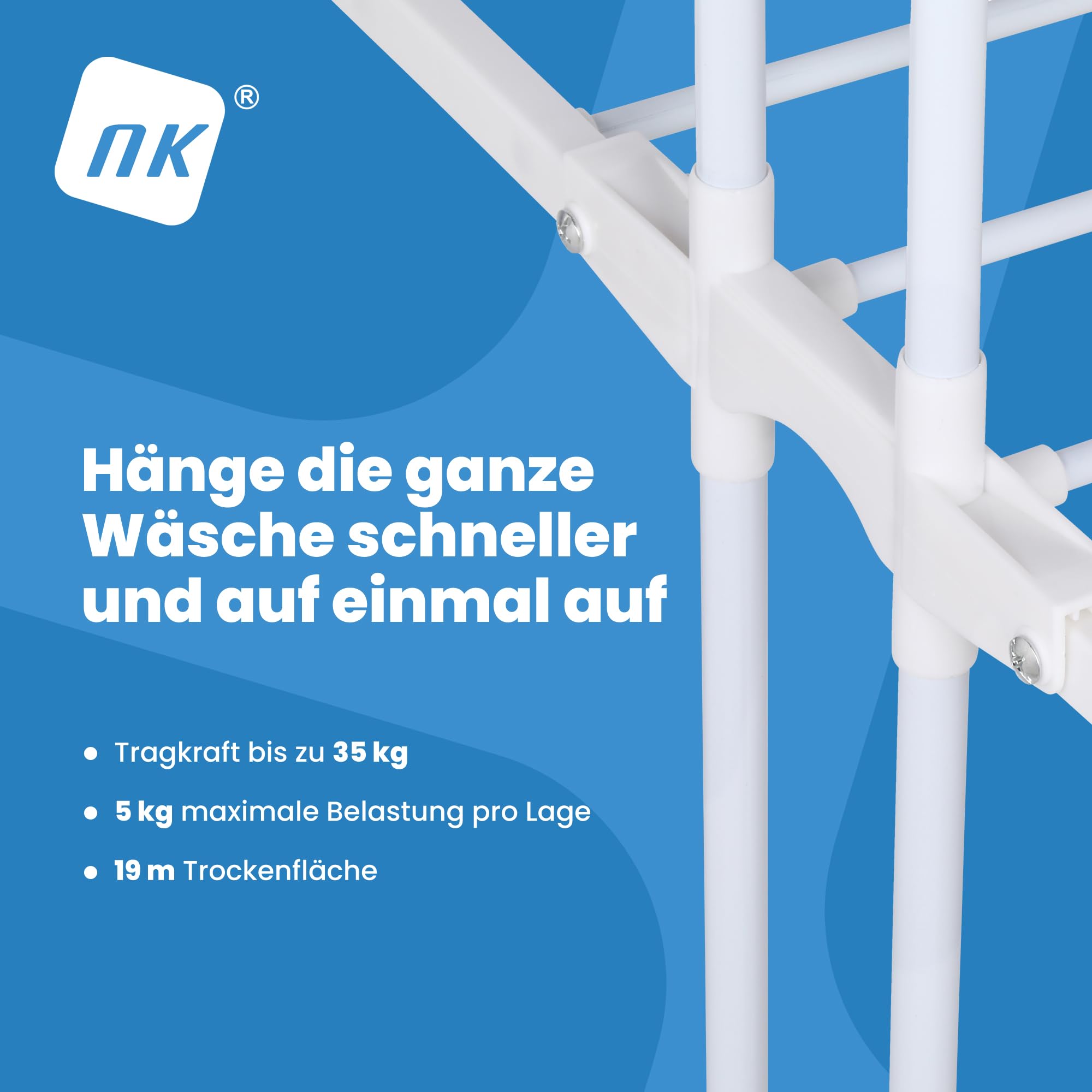 NK Wäscheständer Wäschetrockner Turm mit Rollen und 4 Ebenen – 6 Ausziehbare Ablagen + 2 Seitliche Flügel mit Bügelhalter + Schuhablage, 360° Rollen, Farbe Weiß (19m Wäsche)