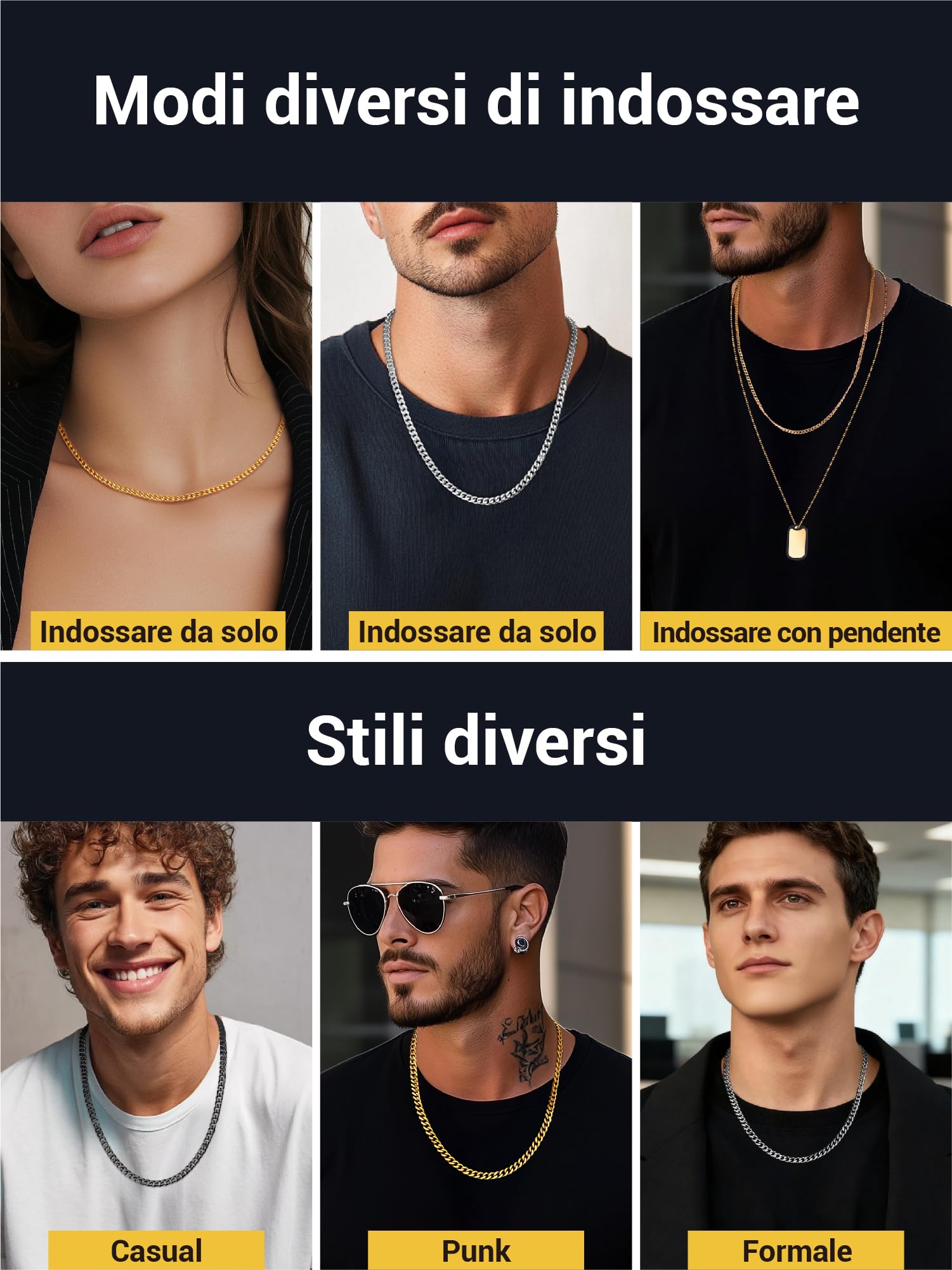 PROSTEEL Collana Uomo Donna a Catena Barbazzale Cubana Hip Hop Sottile Grande Robusta Grossa, Larga 3 6 9 12 mm, Lunghezze 35-75 cm, Acciaio INOX/Placcato Oro, Argento Oro Nero (con Confezione)