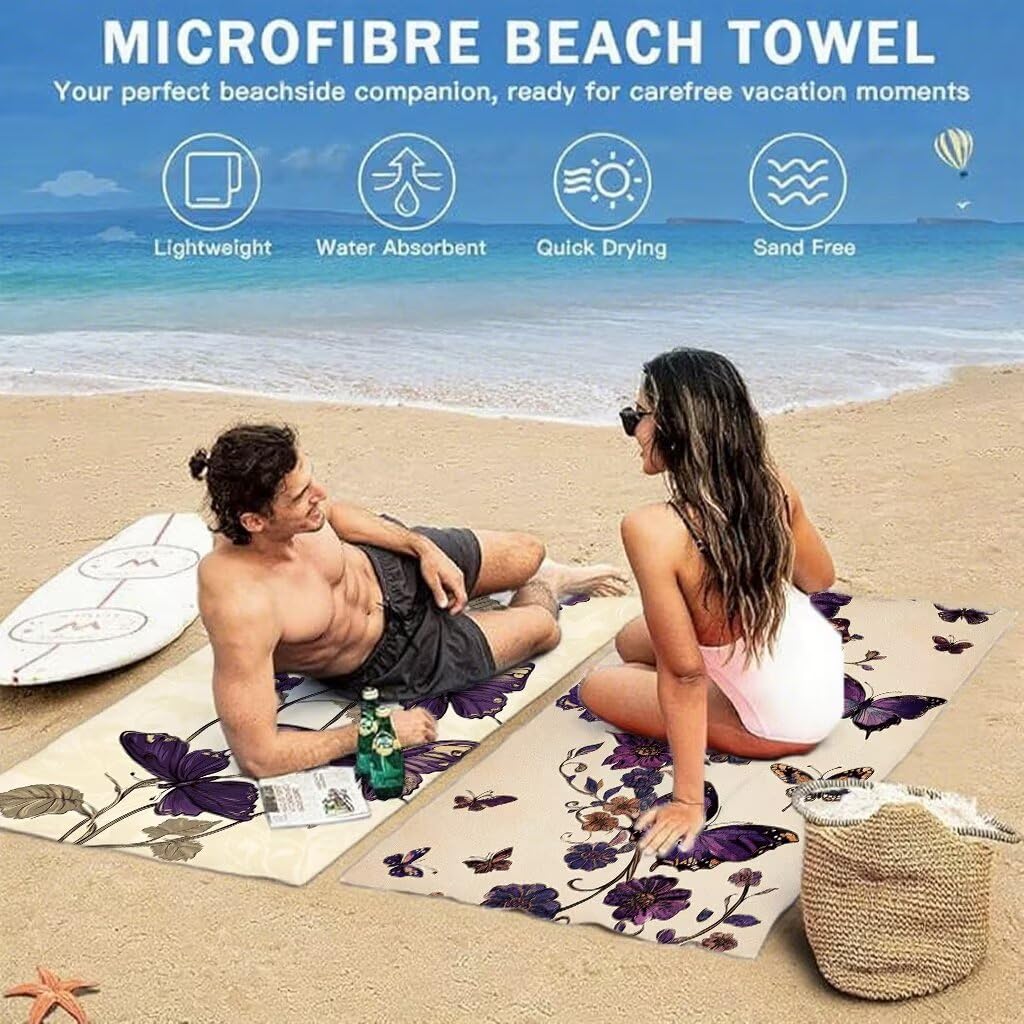 Ręcznik plażowy XXL 100 x 200 cm, fioletowy ręcznik z mikrofibry chłonny motyl szybkoschnący, odporny na piasek, kompaktowy, lekki ręcznik plażowy z zatrzaskiem, wzór do sauny basenowej, model 454