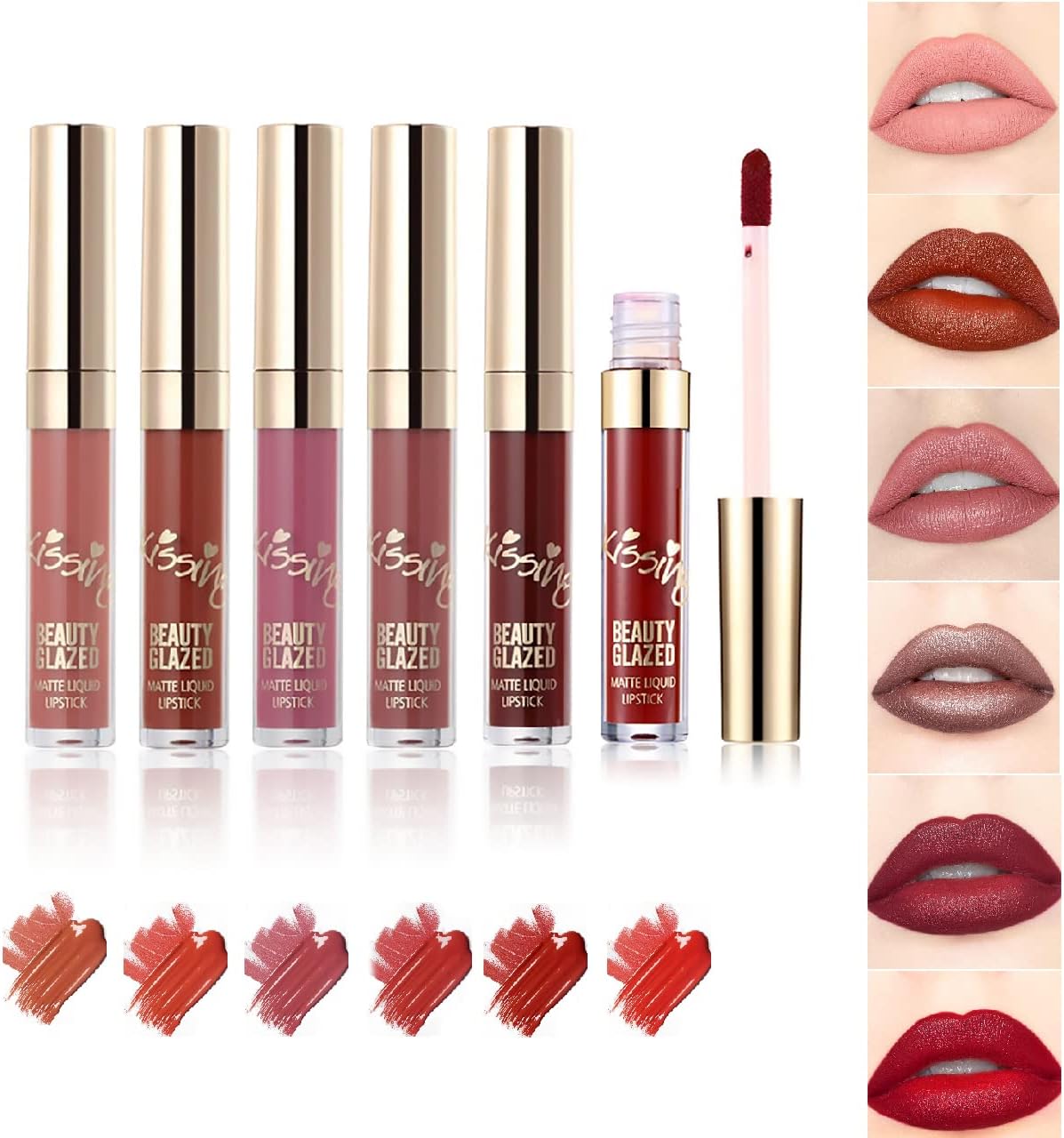Beauty Glazed 6 Pieces Lip Gloss Set Matte Lip Gloss Velvety Silky Smooth Natural Waterproof Durable Non-Stick Cup Moisturizer Makeup Durable Liquid Lipstick Makeup Cosmetics (#01)