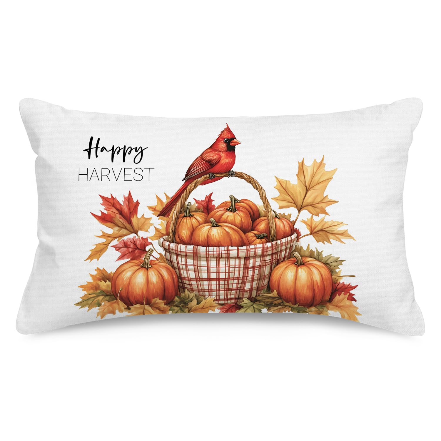 WitHero Fall Lumbar Pillow Cover 12x20 White Linen Happy Harvest Cushion Case with Pumpkins and Cardinal Bird Double-Sided