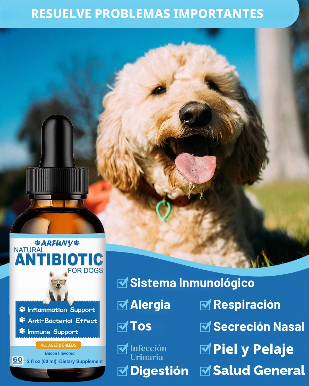 Antibióticos naturales para perros - 60ML gotas para la tos para perros - Alivio de picazón en la piel - Alivio de alergias - Fortalecimiento del sistema inmunológico - Con ingredientes