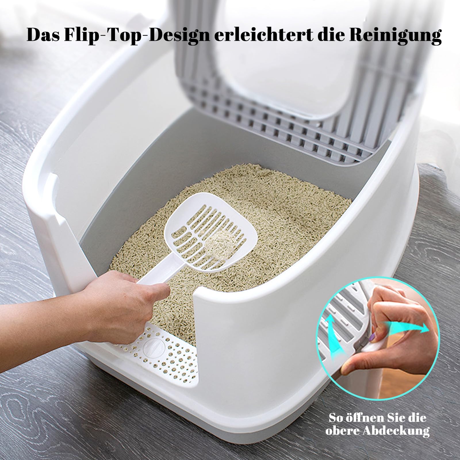 CALIYO Katzenklo mit Deckel - Anti-Geruch Katzenklo Geschlossen mit Hoher Rand, Katzentoilette mit Sieb & Matte für Große Katzen bis 7.5kg, Cat Litter Box (Grau-Weiß, 51×45×40 cm)