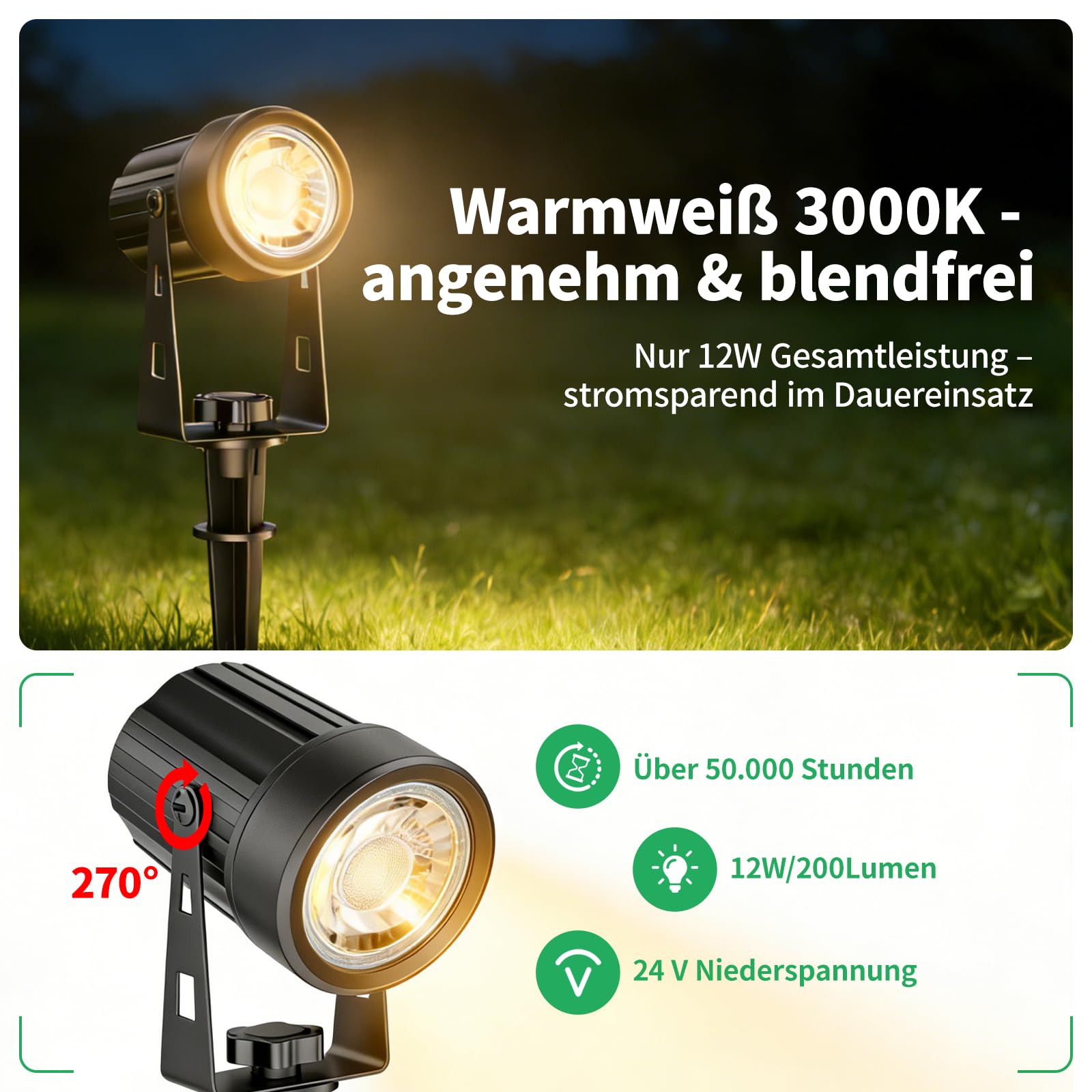 6 Gartenbeleuchtung LED, Gartenstrahler LED Außen Wasserdicht mit Warmweiß 3000K, IP67 Wasserdichter, 20m 24V Gartenleuchten mit Adapter, Gartenstrahler für Terrasse, Gartenweg, Party, Rasen, Erdspieß