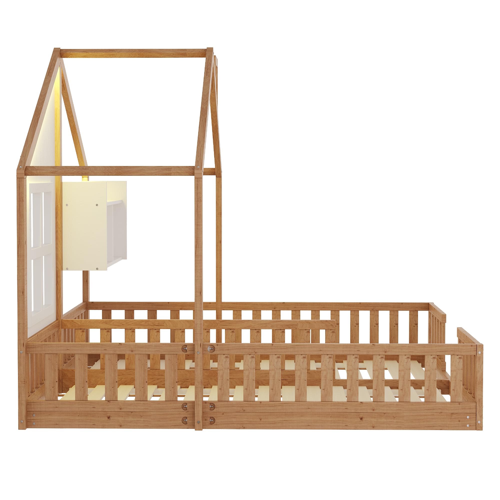 Kinderbett Bodenbett 180x200,Hausbett mit Rausfallschutz&Lattenrost,Montessori Bett mit Ablageflächen&LED-Beleuchtung,Freistehendes Doppelbett Gitterbett Bettgestell Spielbett,Ohne Matratze,Holzfarbe