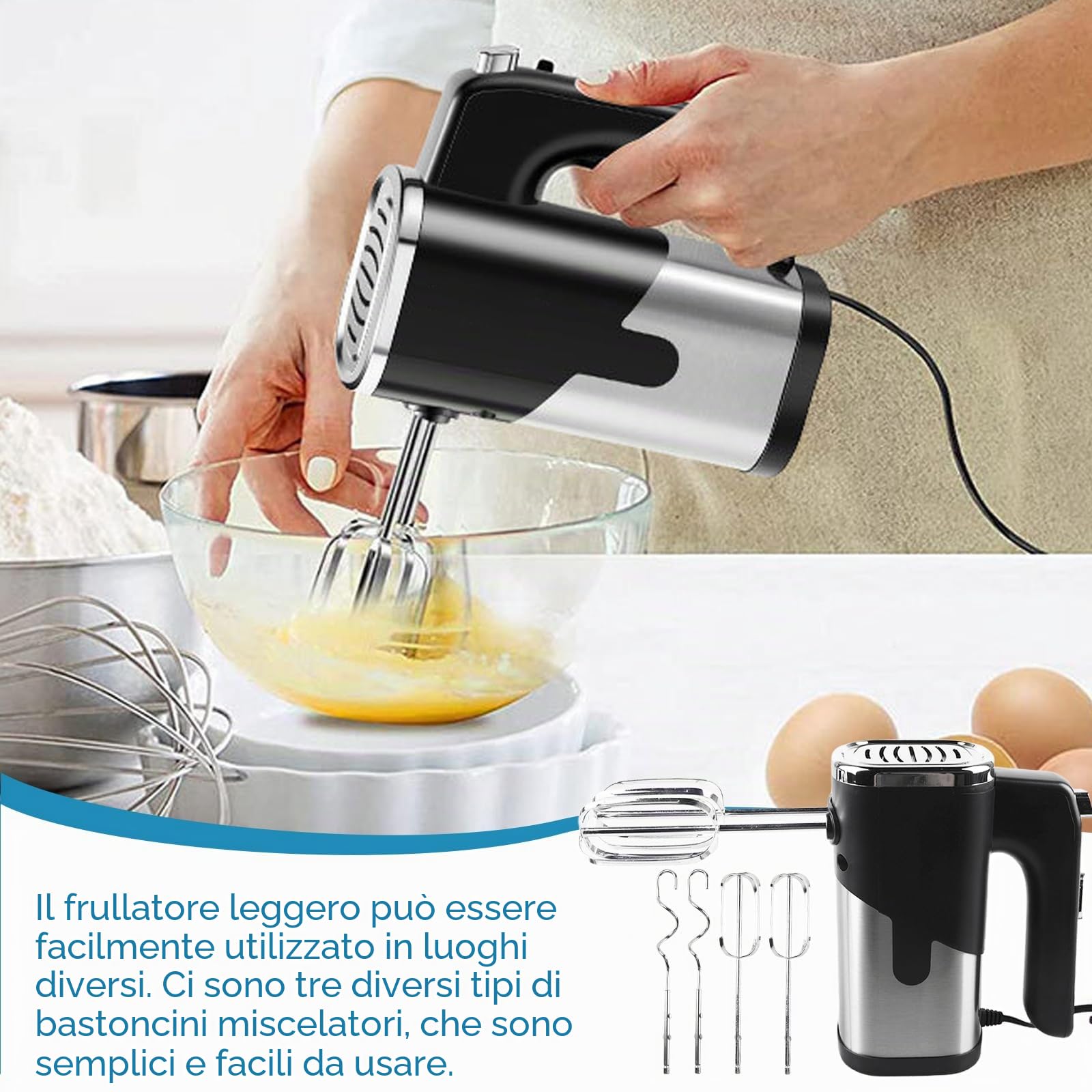 Frullatore a mano: mixer manuale da 800 W, 5 velocità, sbattitore elettrico con 4 accessori in acciaio inox, mixer a mano, impastatore in acciaio inox, mixer manuale, mixer da cucina (nero)