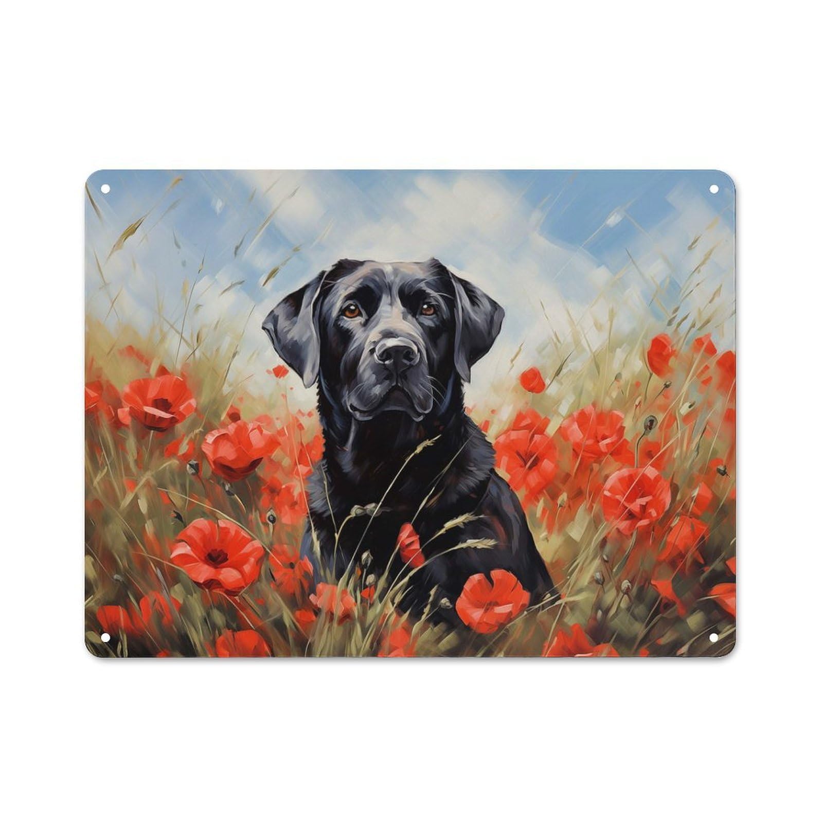 Junmoney Style-14 Nostalgic Black Labrador In Poppies Metal Wall Sign 30X40cm, Classic Pub Decor For Bar, Kitchen, Garage Or Games Room