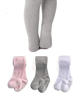 Epeius Baby Tights Infant Girl Non Slip/Skid Grip Leggings Seamless Cotton Stockings Footed Pants Pantyhose for 6-12 Months,3 Pair Pack,Grey/White/Pink