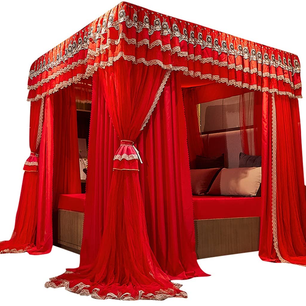 Baldacchino in pizzo rosso per letti a castello, zanzariera da pavimento a soffitto con supporto, tenda universale per tutte le stagioni, dimensioni 200 x 220 x 200 cm, perfetta per la camera dei