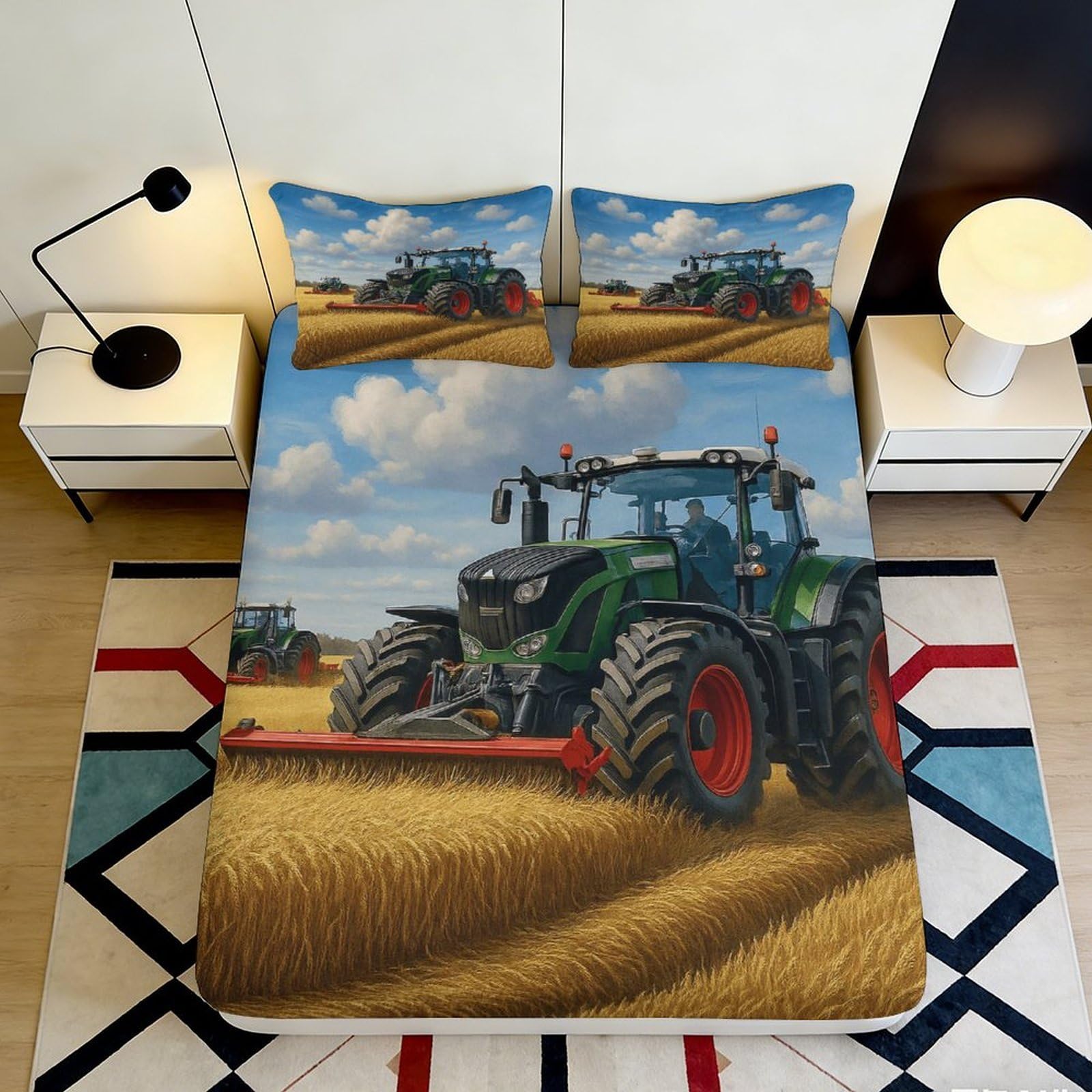 3D Printed Tractor Farm Scene Fitted Sheet Microfiber Soft Durable Wheat Field Bed Cover for Bedroom Guest Room Decor 90x200x25cm