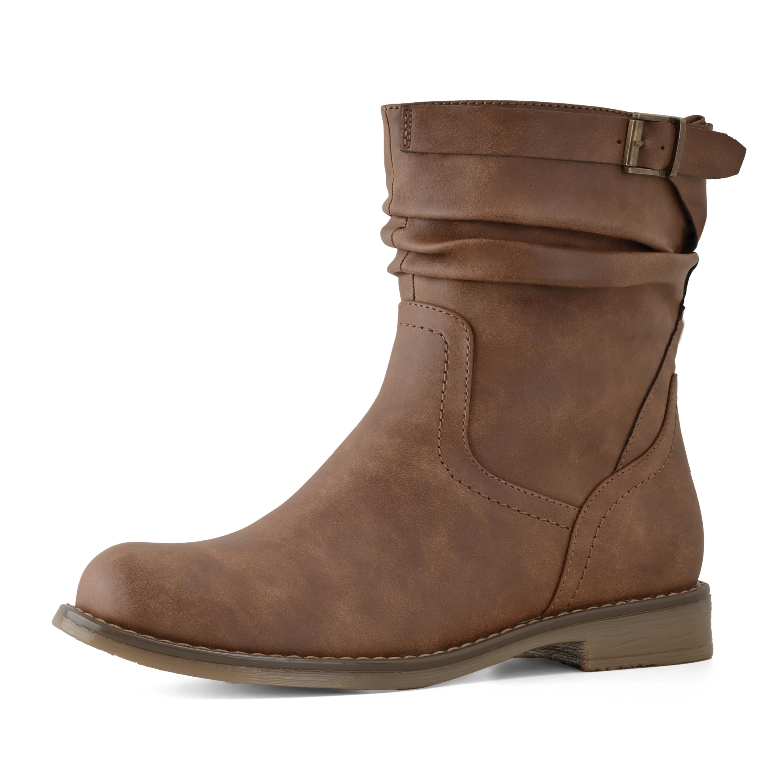 ShoeN Tale Womens Mid Calf Boots Slouchy Round Toe Flat Low Heel Riding Boots With Side Zipper