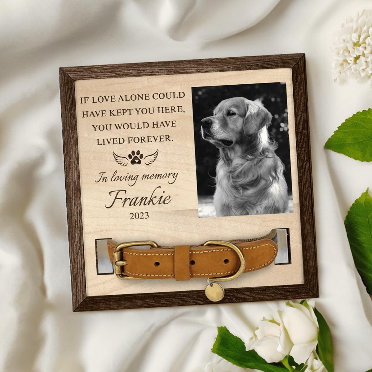 SANDJEST Personalized Memorial Gifts - Pet Collar Frame with Photo, Custom Bereavement Gifts for Pet Parents, Wooden Sign Plaque Decoration