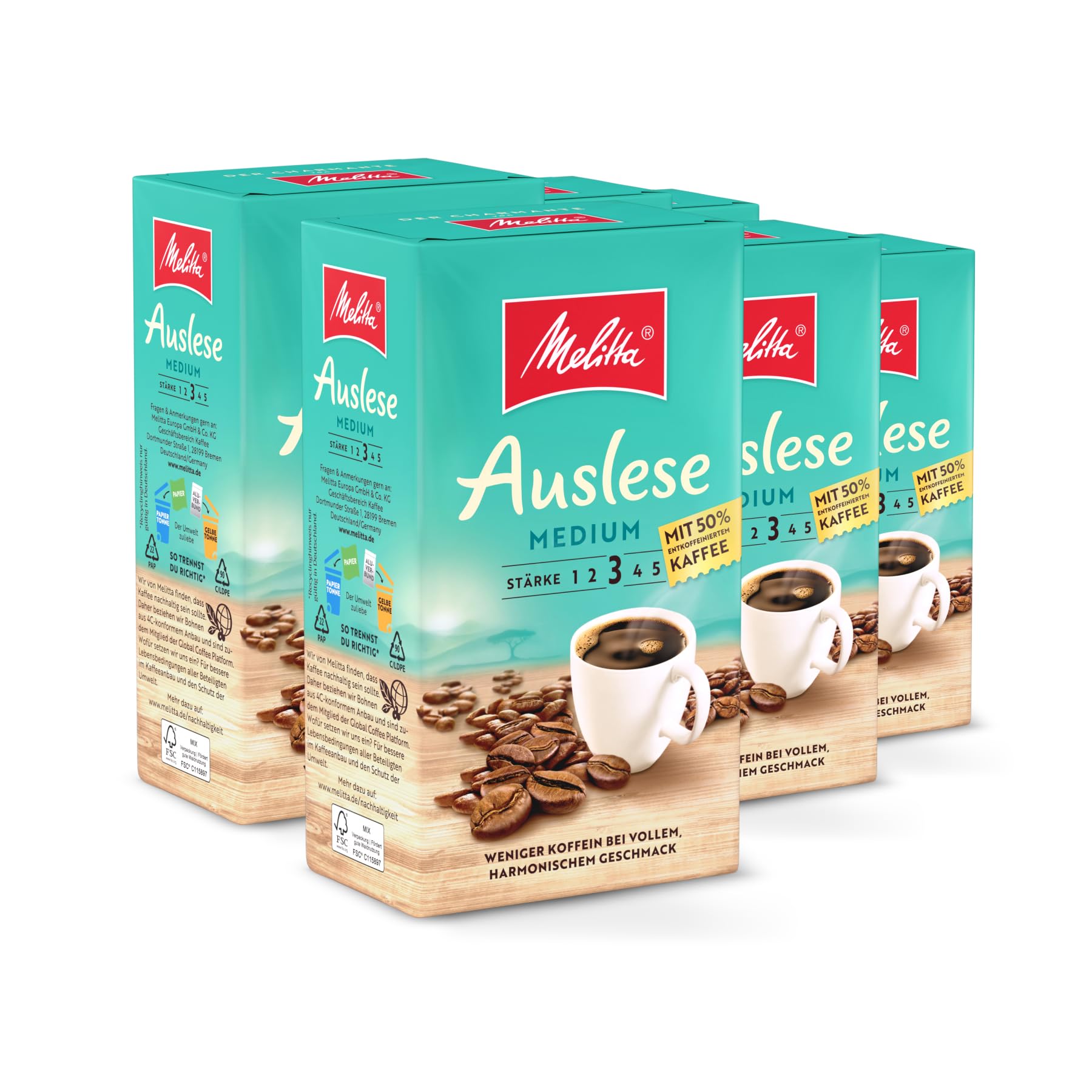 Melitta Auslese Medium filtrowana kawa 6 x 500 g, mielona, proszek do ekspresów do kawy, 50% kawy bezkofeinowej, średnie palenie, palona w Niemczech, w tacy